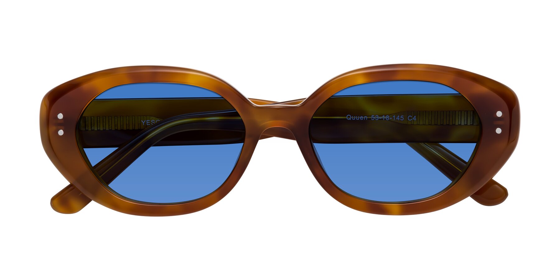 Folded Front of Quuen in Amber Tortoise with Blue Tinted Lenses