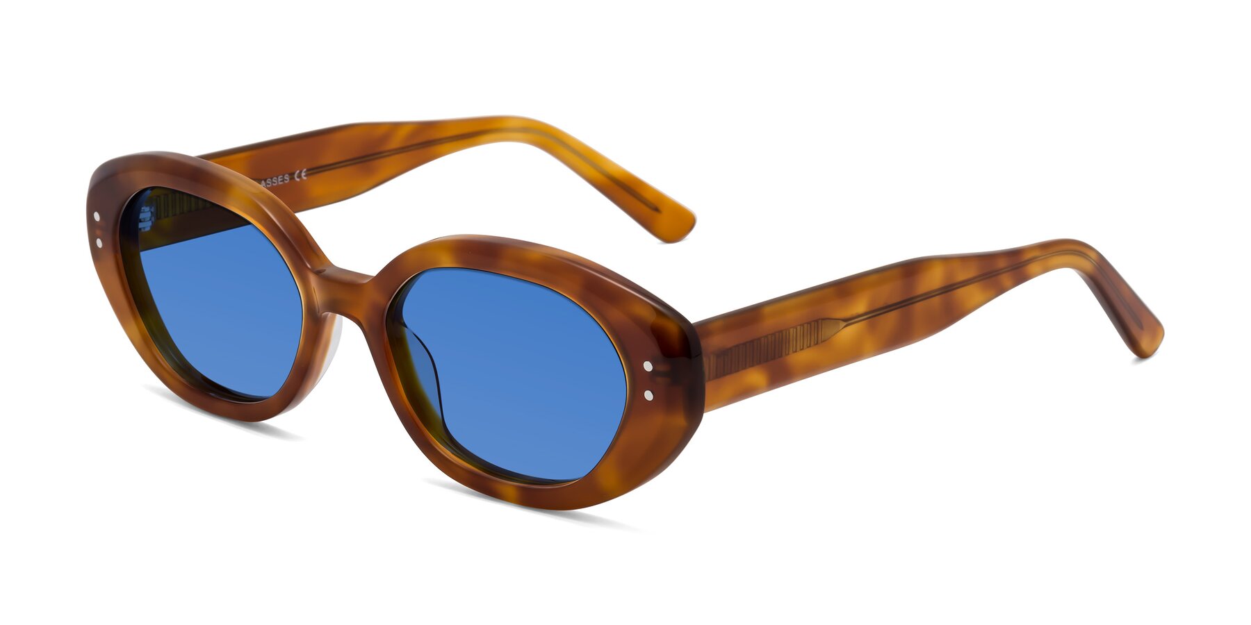 Angle of Quuen in Amber Tortoise with Blue Tinted Lenses