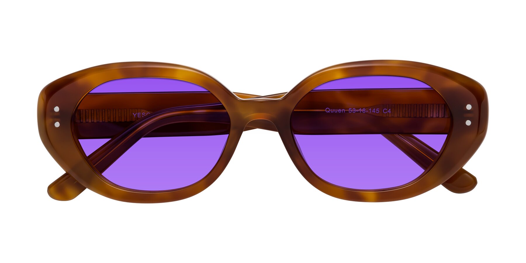 Folded Front of Quuen in Amber Tortoise with Purple Tinted Lenses