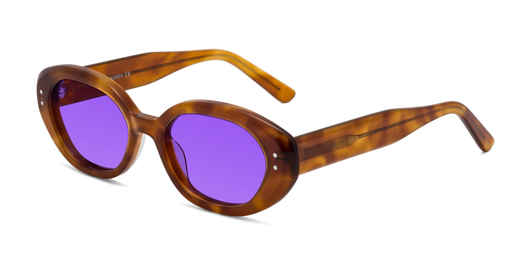 Angle of Quuen in Amber Tortoise with Purple Tinted Lenses