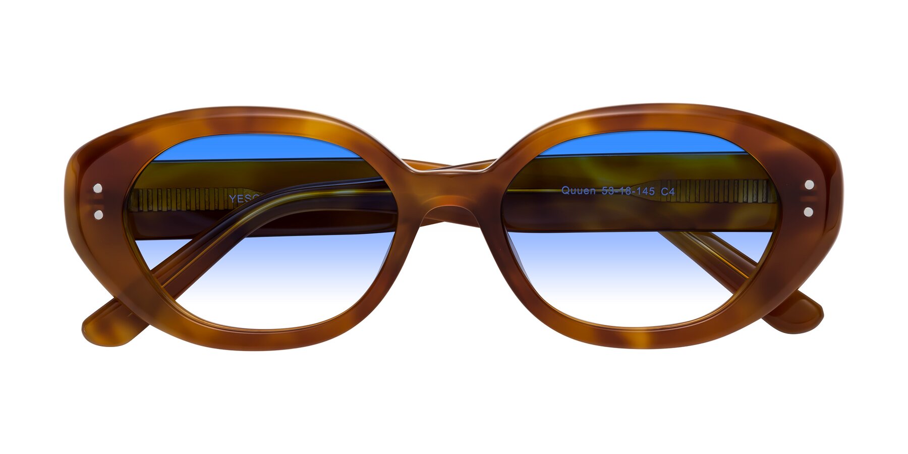 Folded Front of Quuen in Amber Tortoise with Blue Gradient Lenses