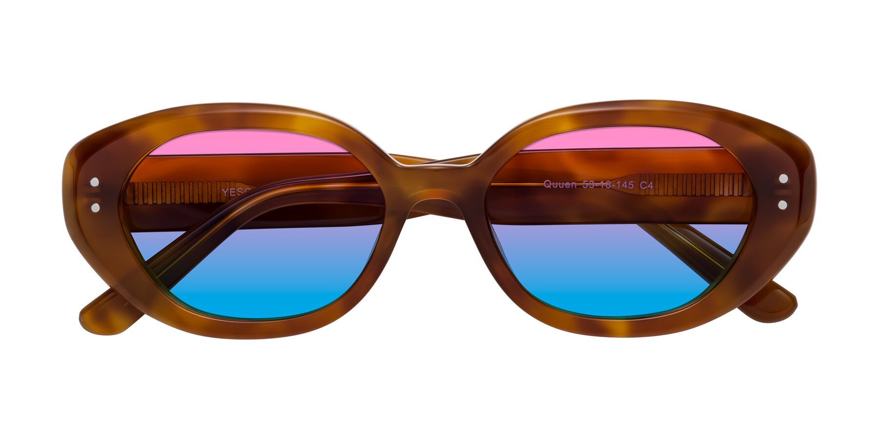 Folded Front of Quuen in Amber Tortoise with Pink / Blue Gradient Lenses