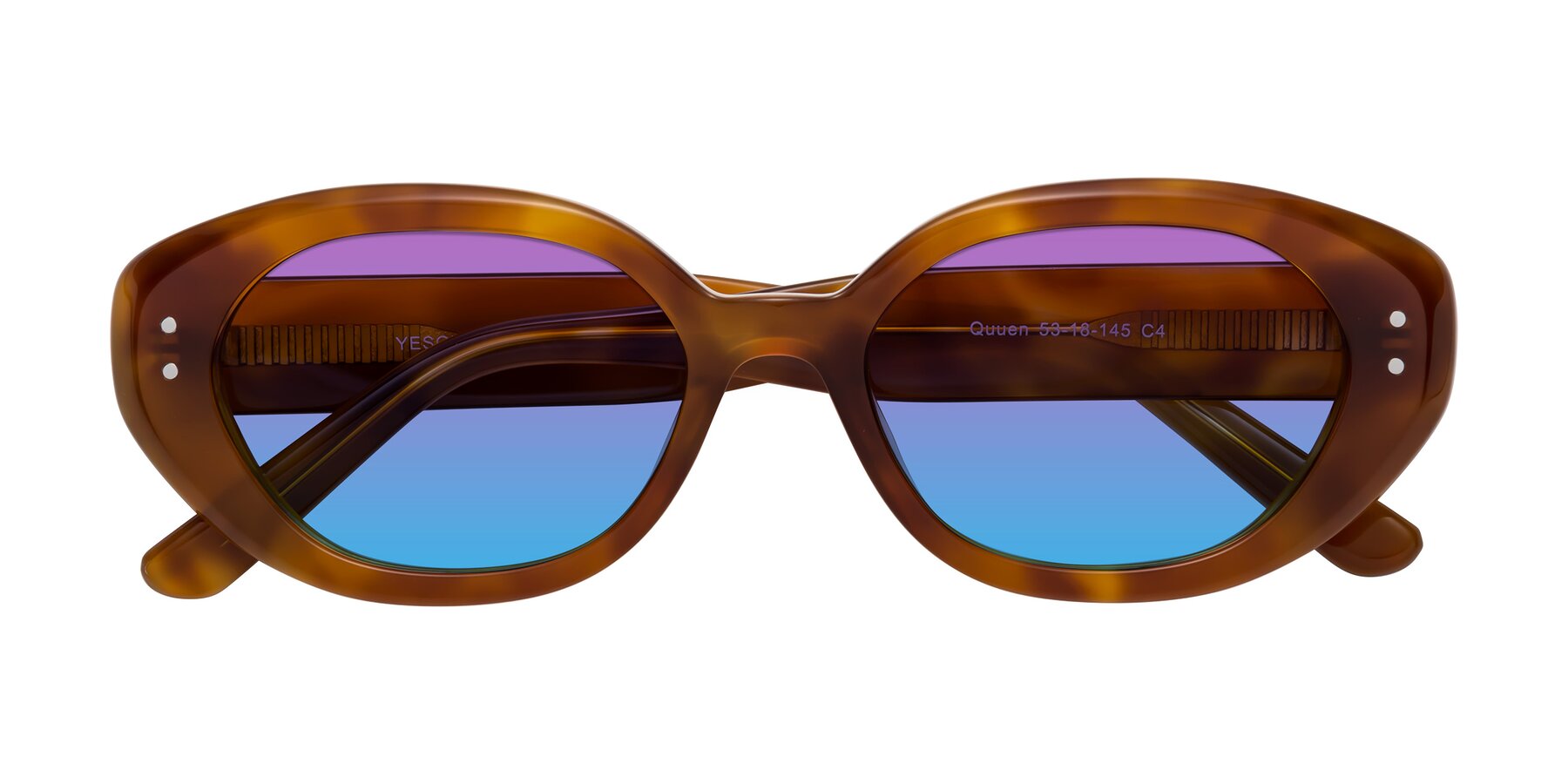 Folded Front of Quuen in Amber Tortoise with Purple / Blue Gradient Lenses