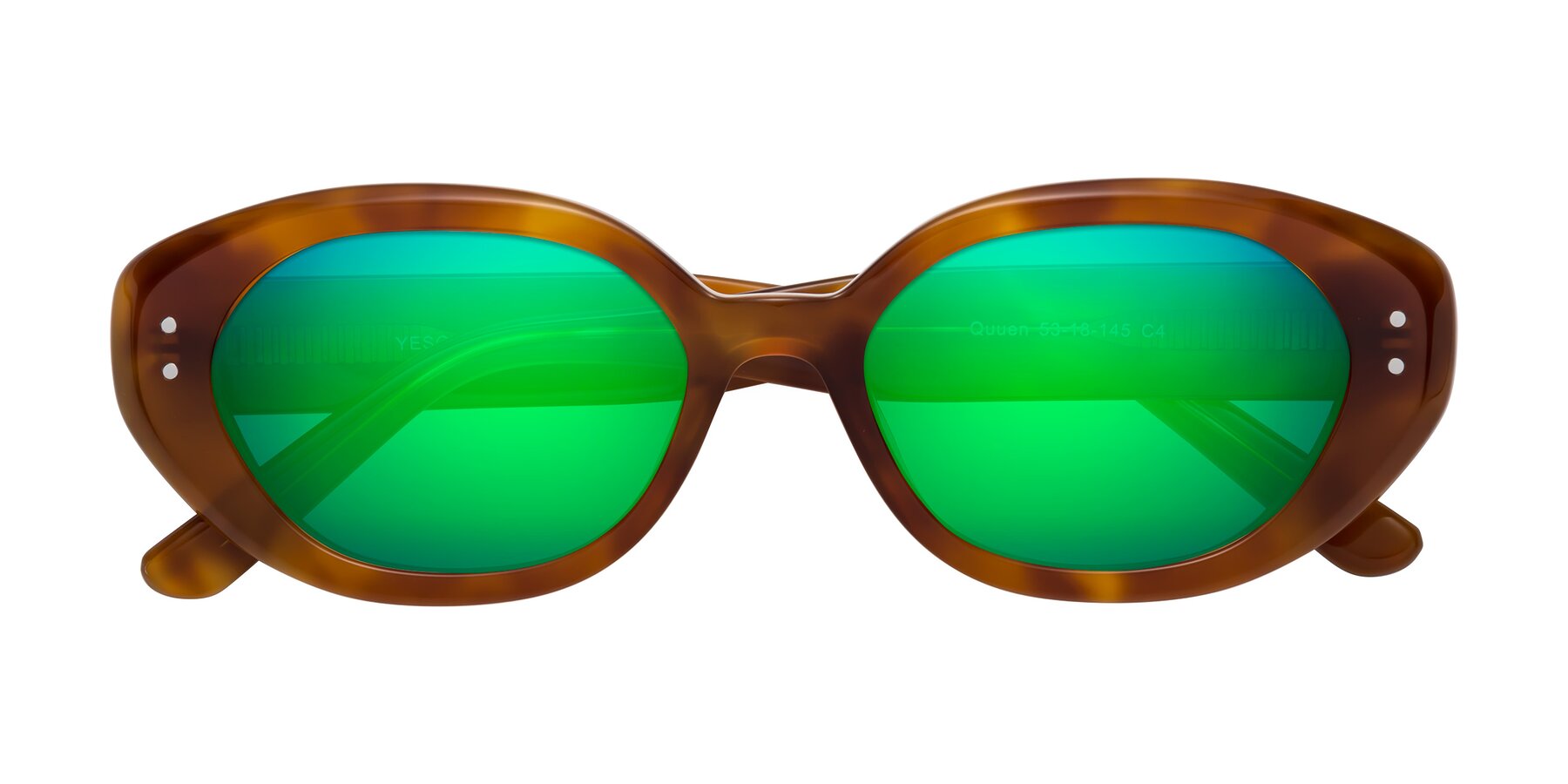 Folded Front of Quuen in Amber Tortoise with Green Mirrored Lenses