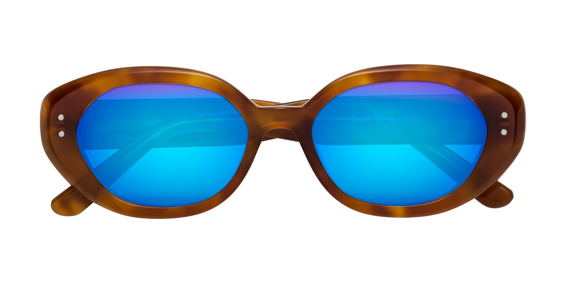 Folded Front of Quuen in Amber Tortoise with Blue Mirrored Lenses