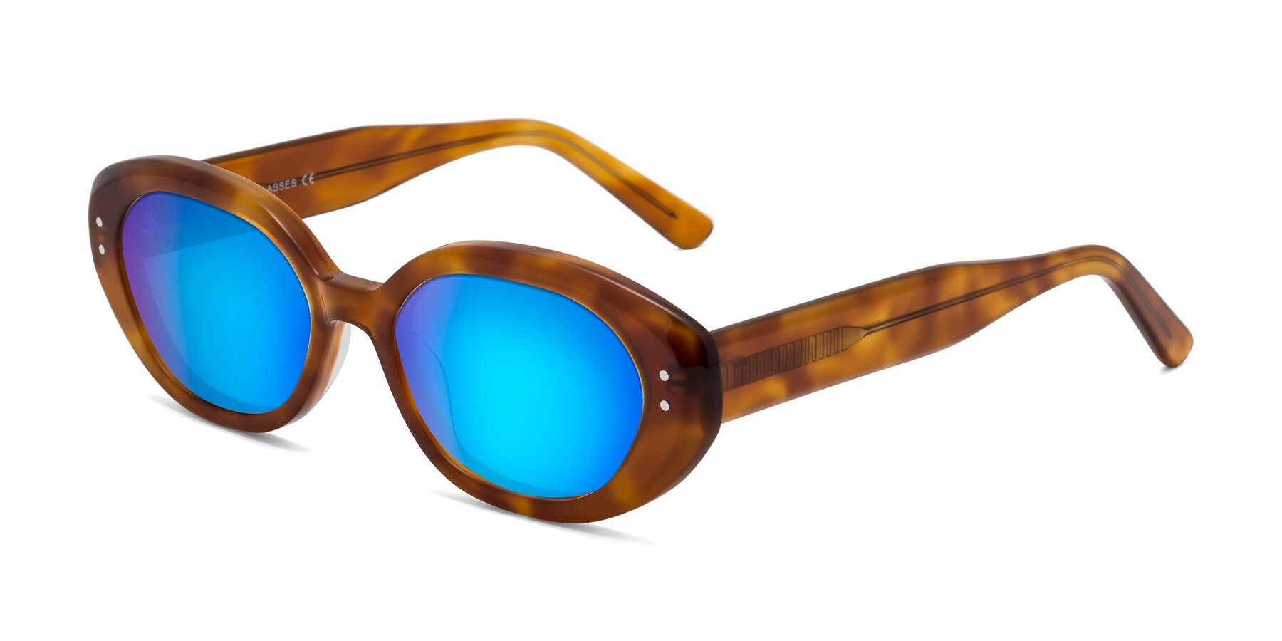 Angle of Quuen in Amber Tortoise with Blue Mirrored Lenses