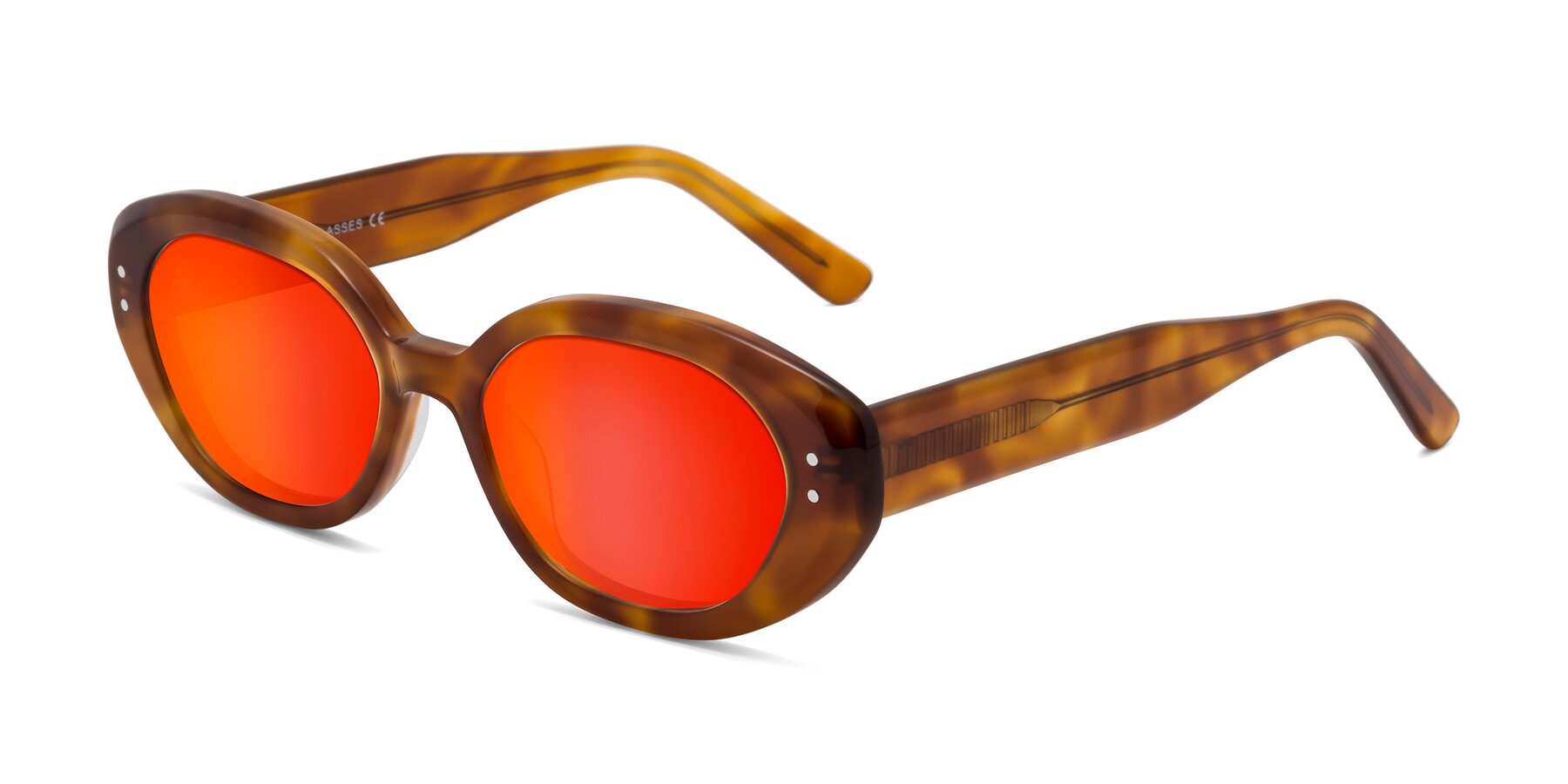 Angle of Quuen in Amber Tortoise with Red Gold Mirrored Lenses