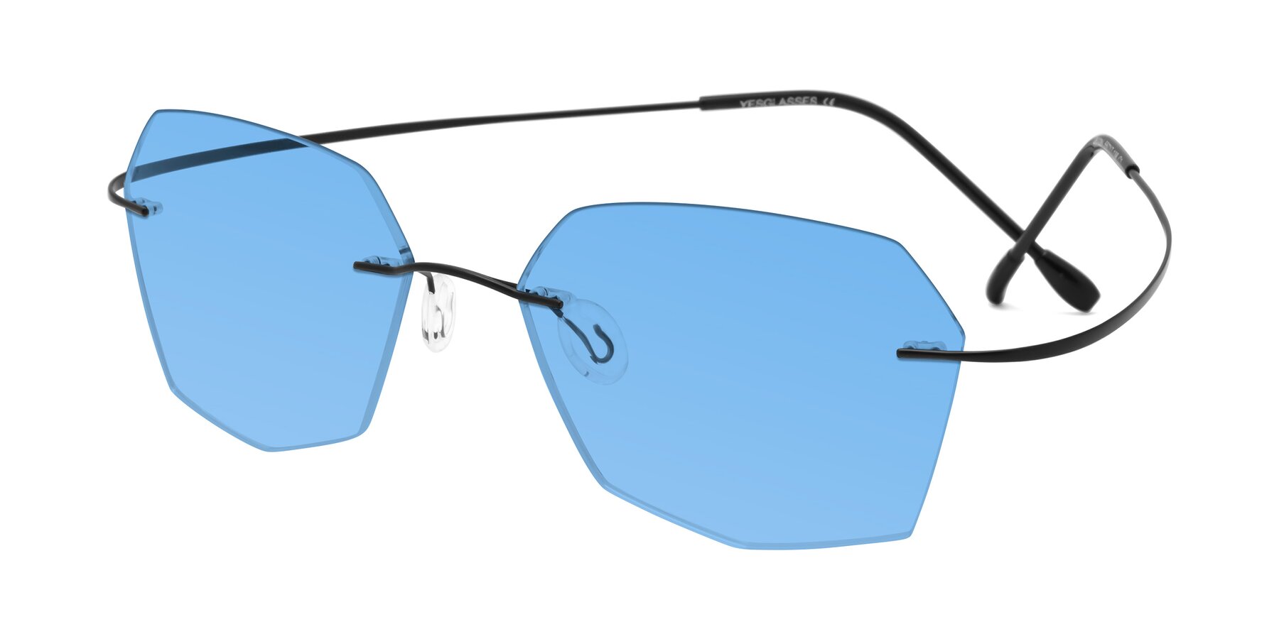 Angle of Denzel in Black with Medium Blue Tinted Lenses