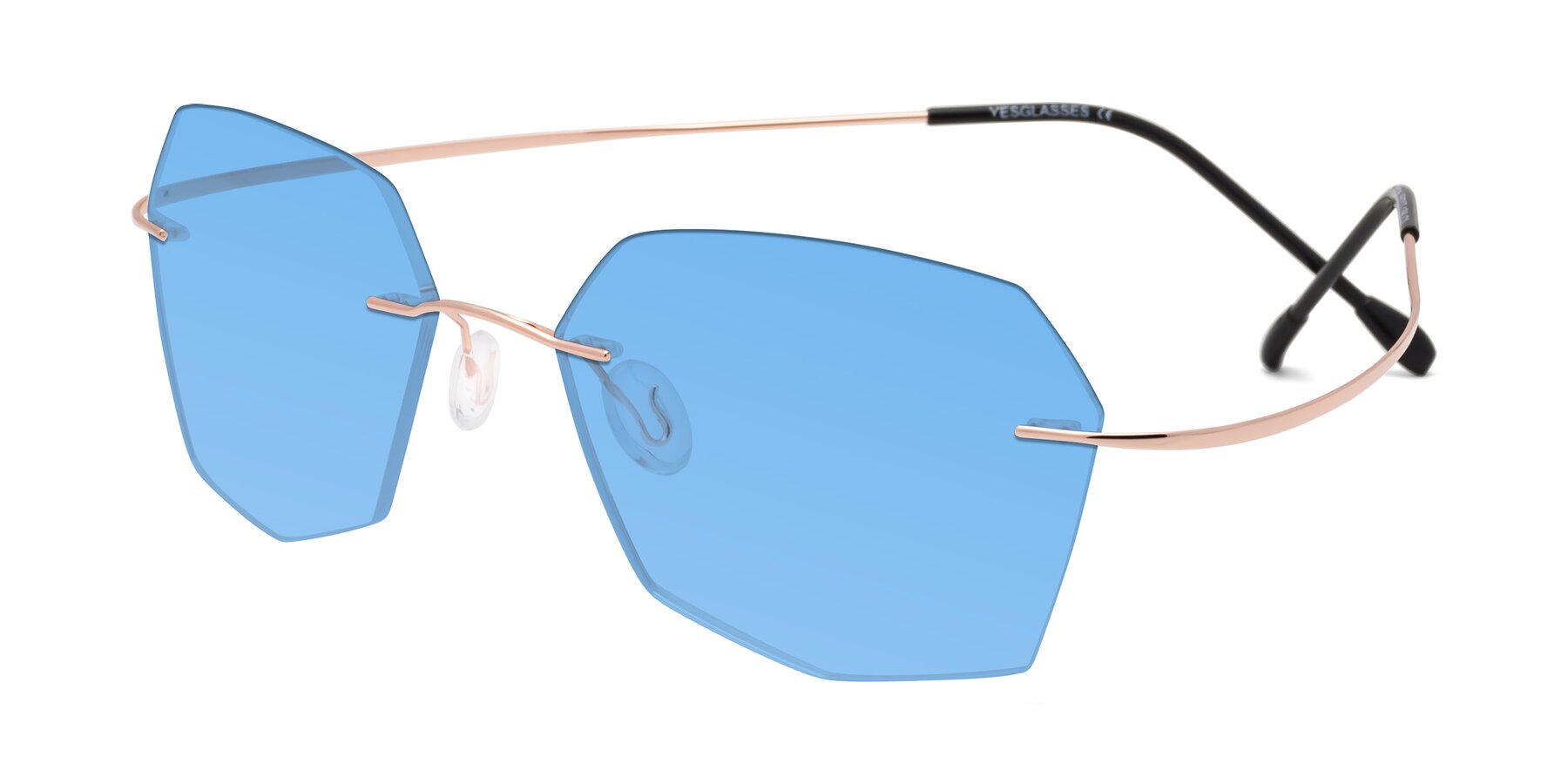 Angle of Denzel in Rose Gold with Medium Blue Tinted Lenses