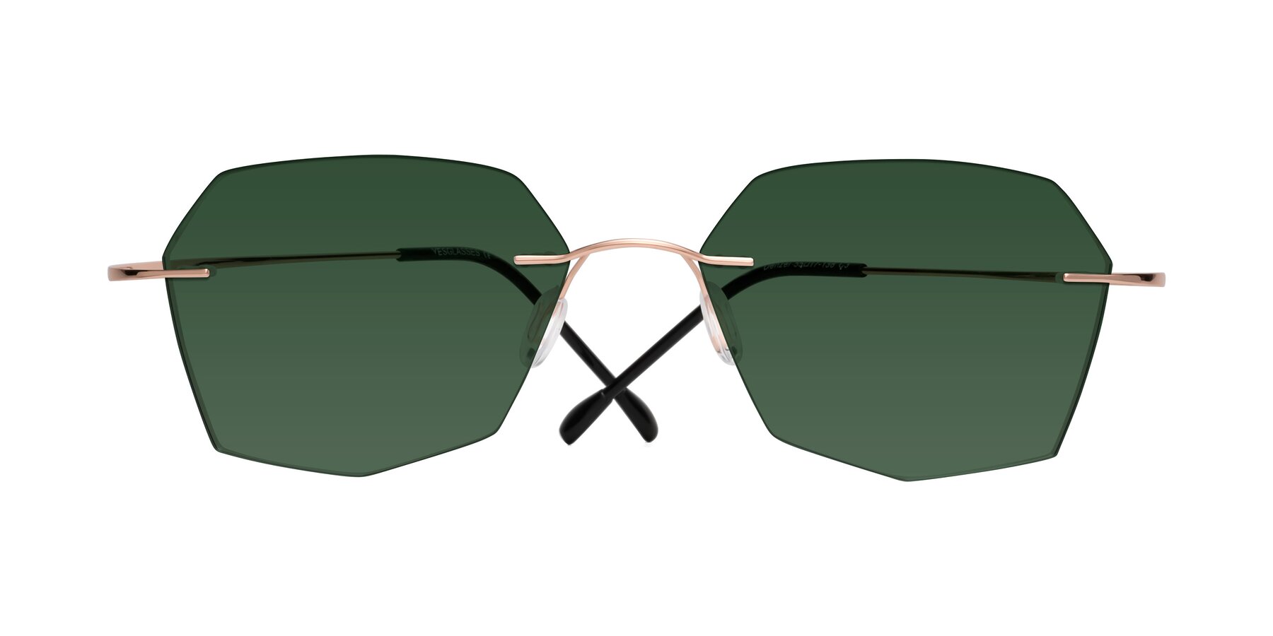 Folded Front of Denzel in Rose Gold with Green Tinted Lenses