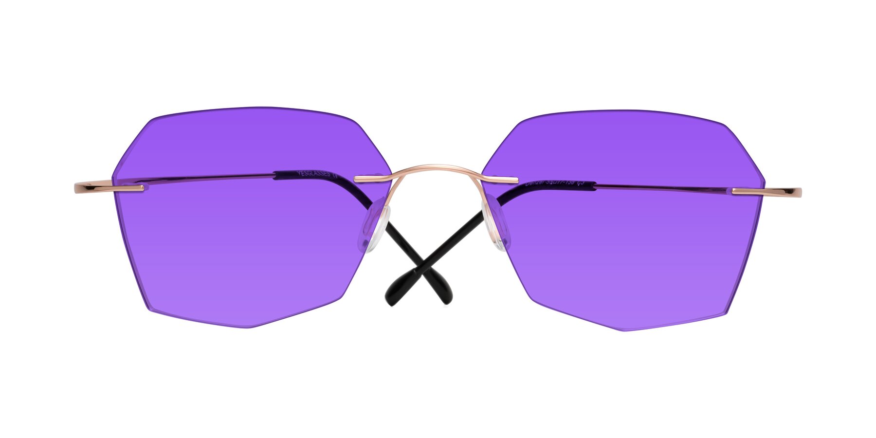 Folded Front of Denzel in Rose Gold with Purple Tinted Lenses