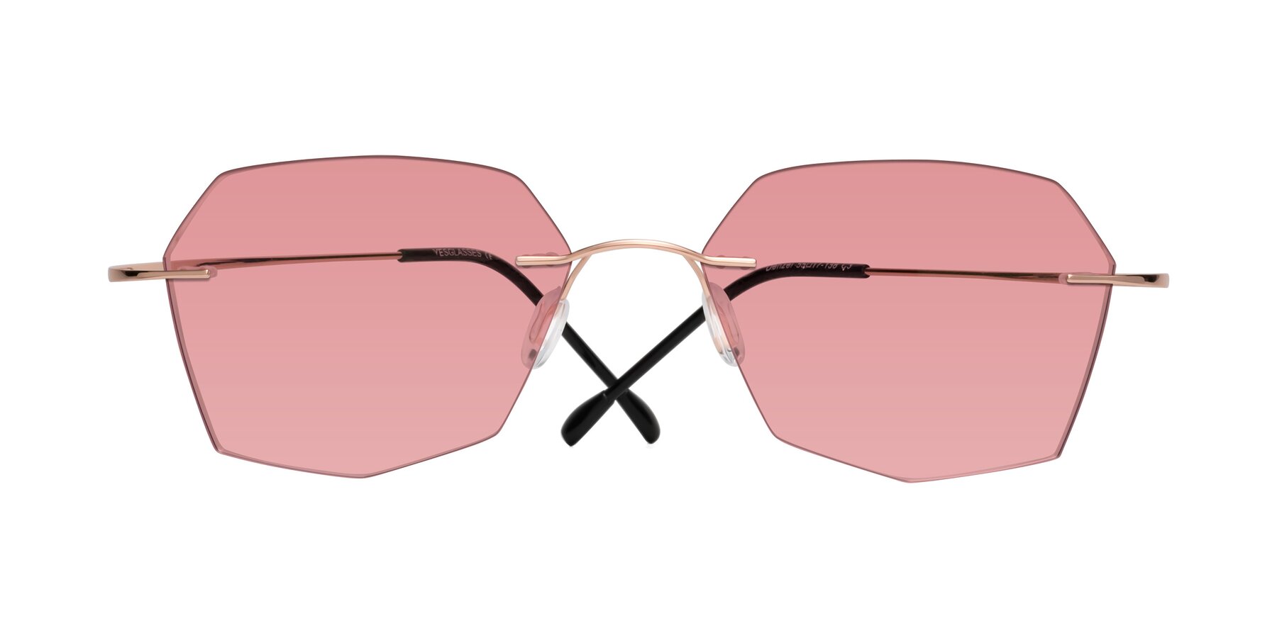 Folded Front of Denzel in Rose Gold with Medium Garnet Tinted Lenses