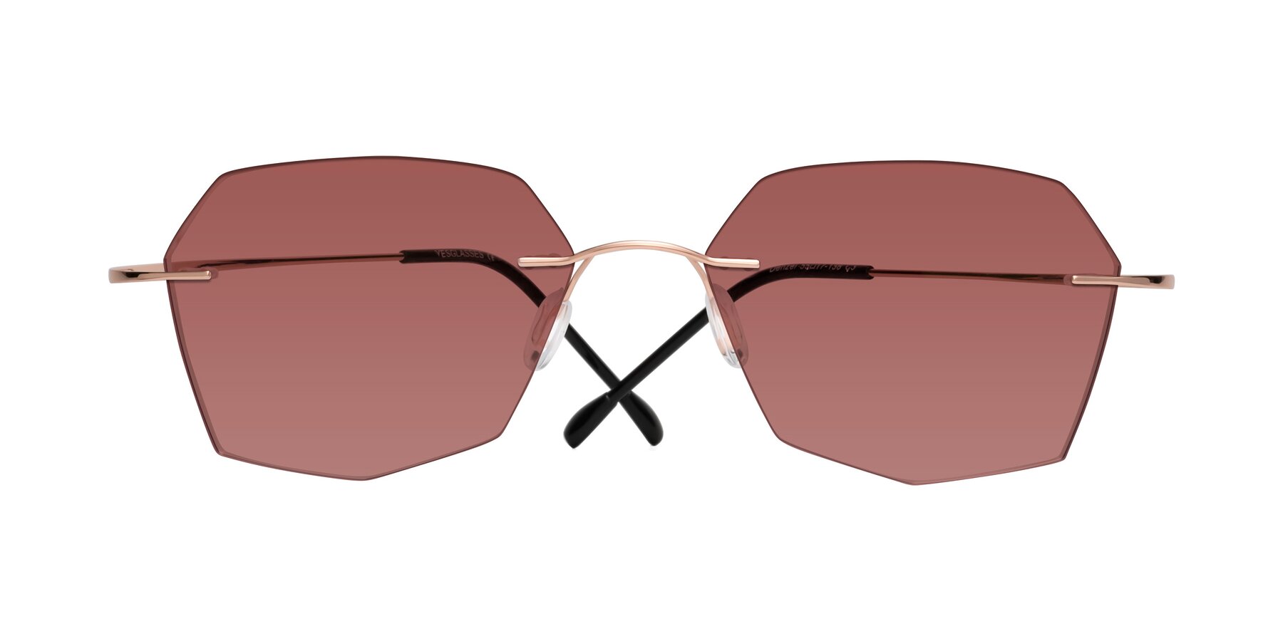 Folded Front of Denzel in Rose Gold with Garnet Tinted Lenses