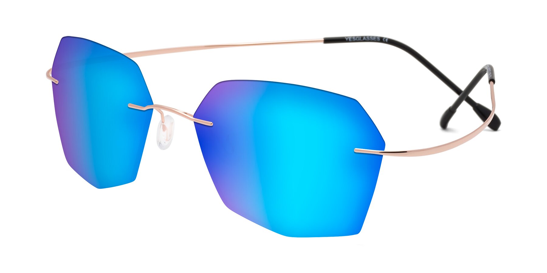 Angle of Denzel in Rose Gold with Blue Mirrored Lenses