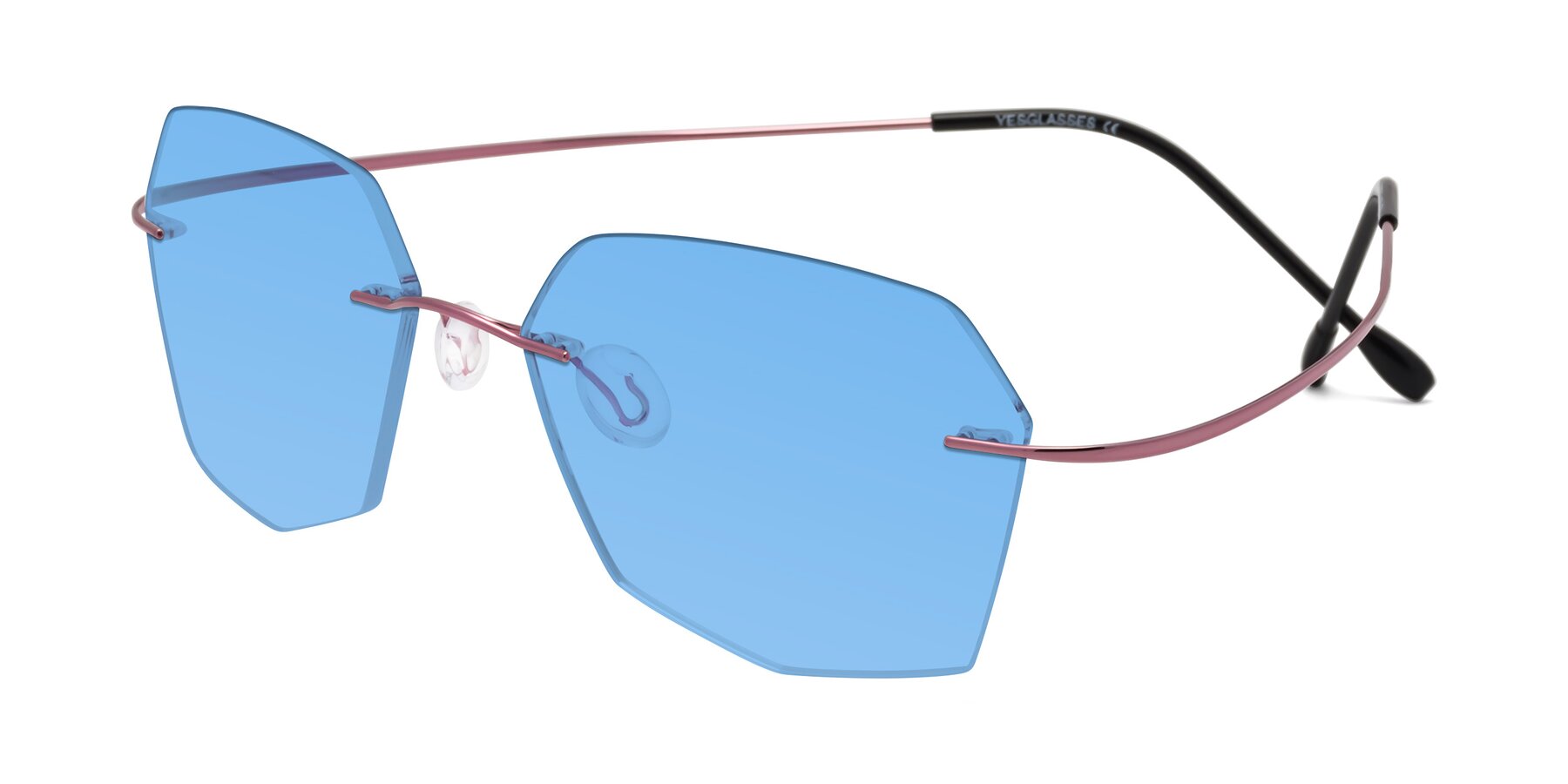 Angle of Denzel in Light Pink with Medium Blue Tinted Lenses