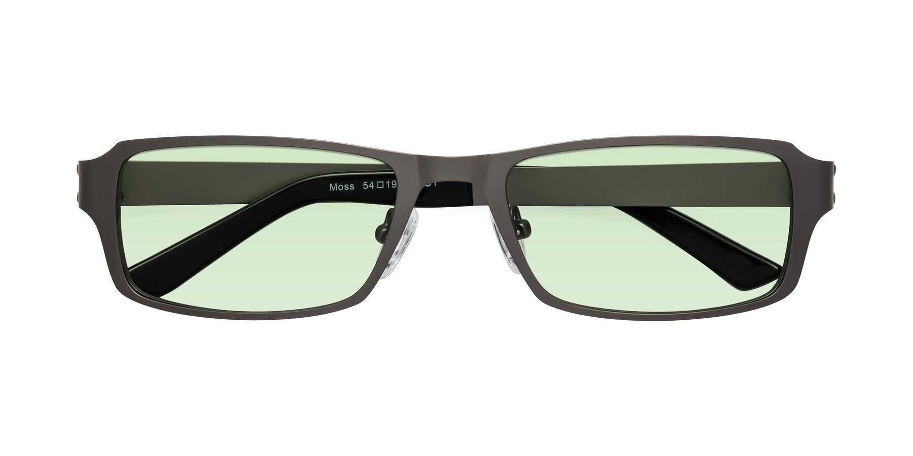 Folded Front of Moss in Gunmetal with Light Green Tinted Lenses