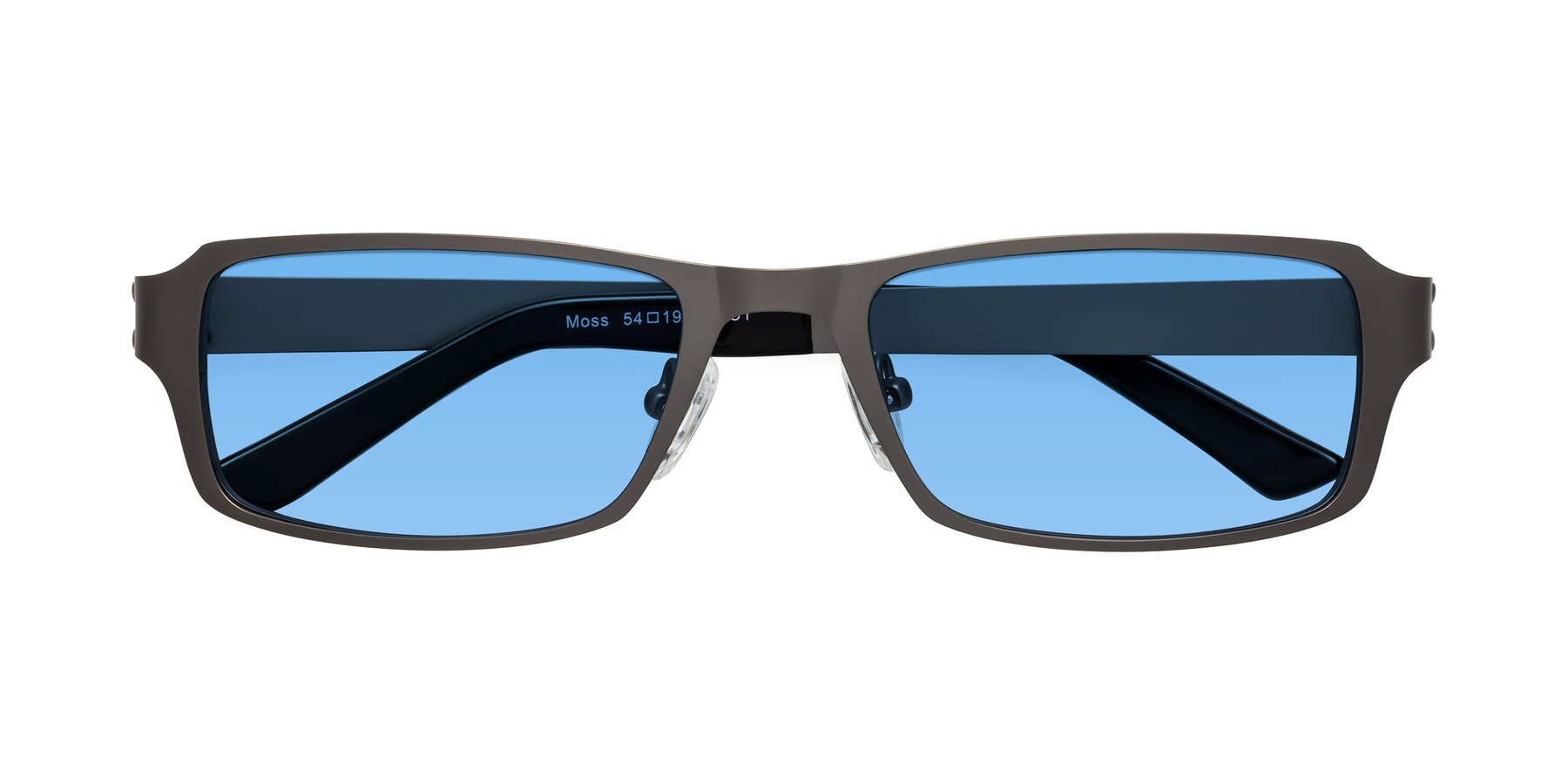 Folded Front of Moss in Gunmetal with Medium Blue Tinted Lenses