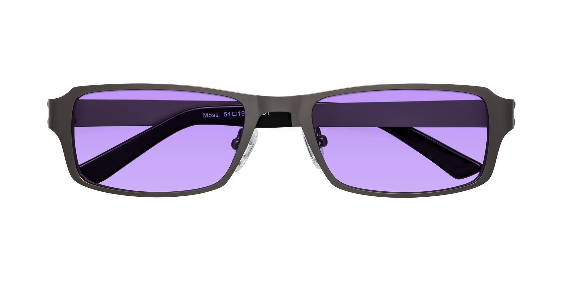 Folded Front of Moss in Gunmetal with Medium Purple Tinted Lenses