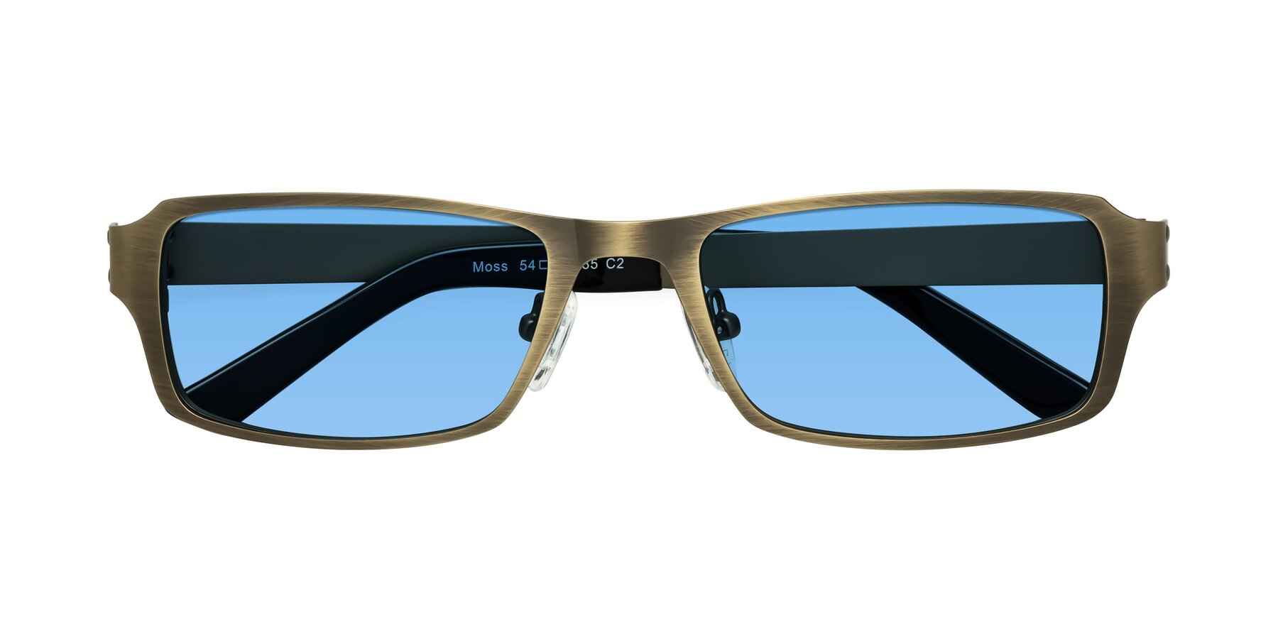 Folded Front of Moss in Bronze with Medium Blue Tinted Lenses