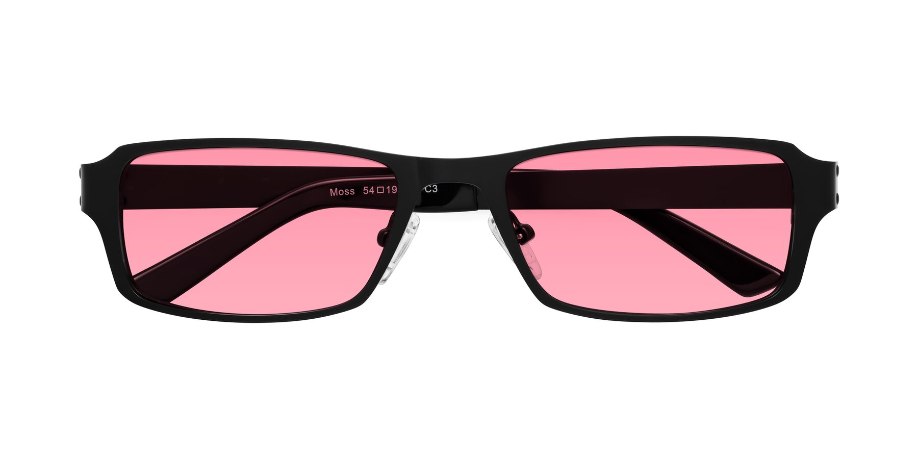 Folded Front of Moss in Matte Black with Pink Tinted Lenses