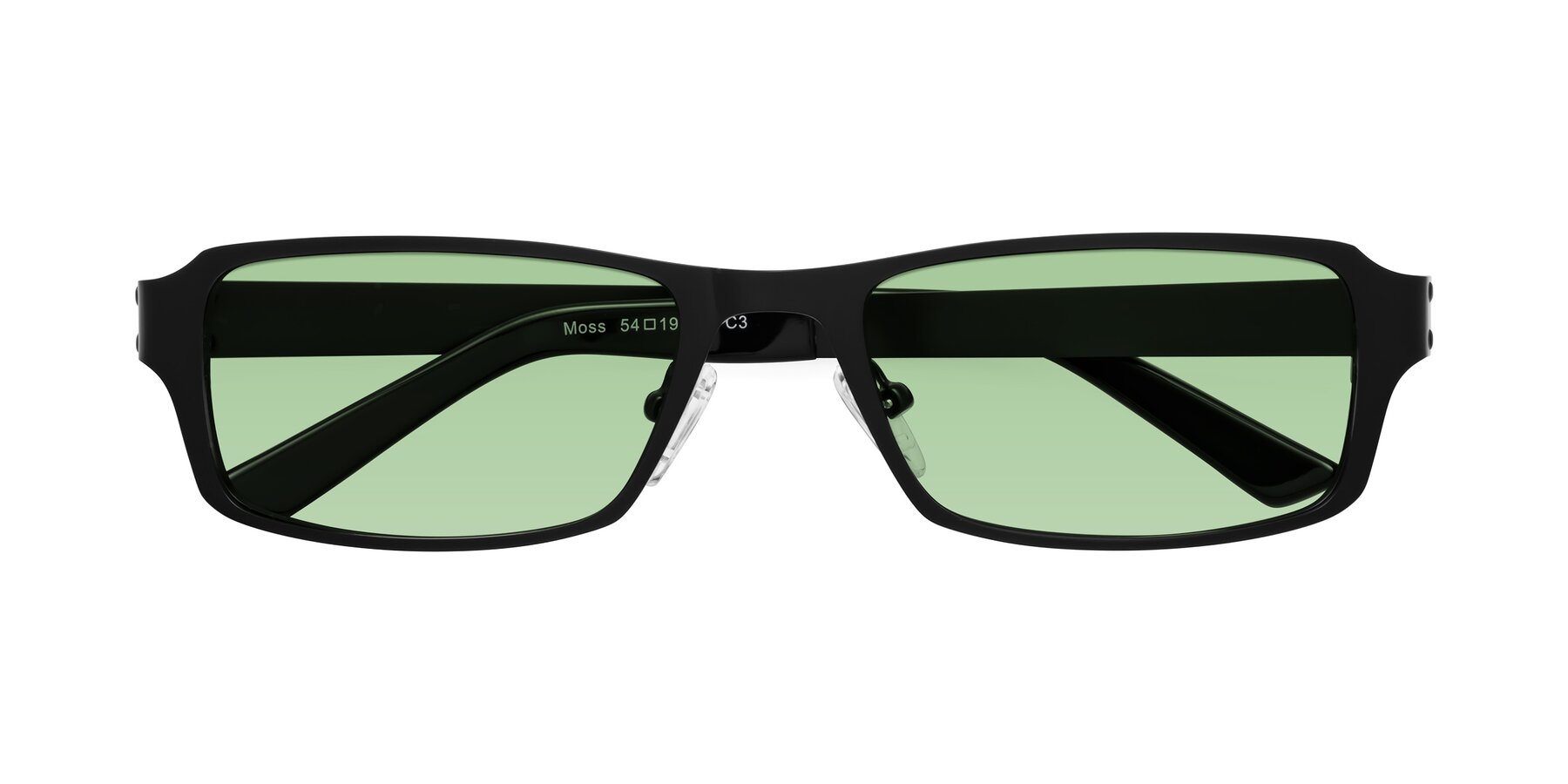 Folded Front of Moss in Matte Black with Medium Green Tinted Lenses