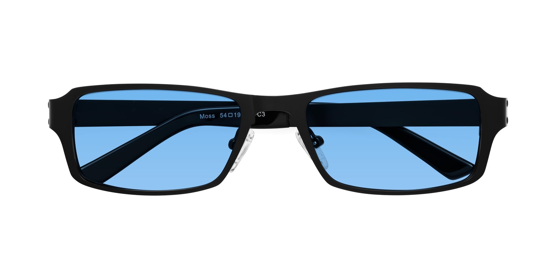 Folded Front of Moss in Matte Black with Medium Blue Tinted Lenses