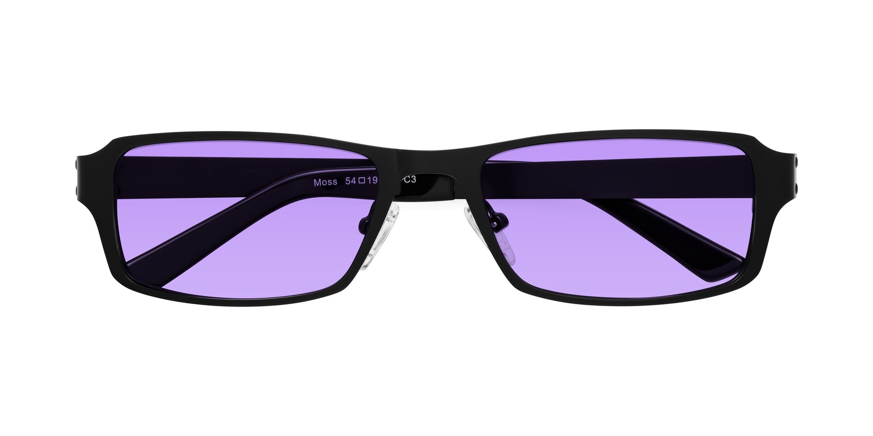 Folded Front of Moss in Matte Black with Medium Purple Tinted Lenses