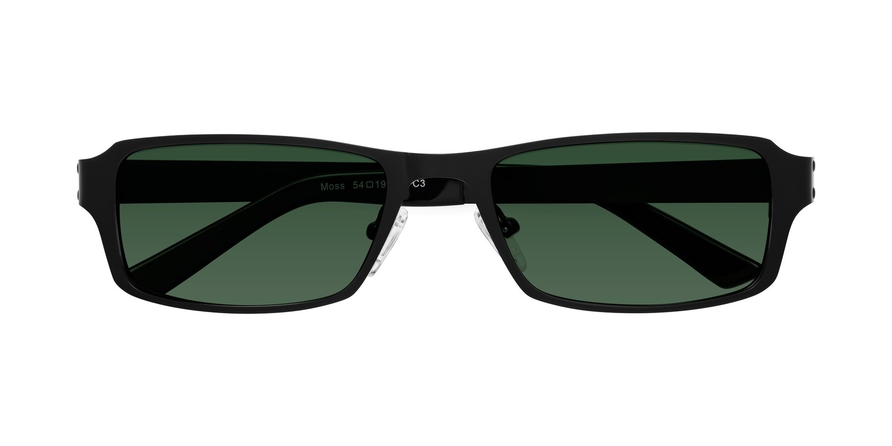 Folded Front of Moss in Matte Black with Green Tinted Lenses