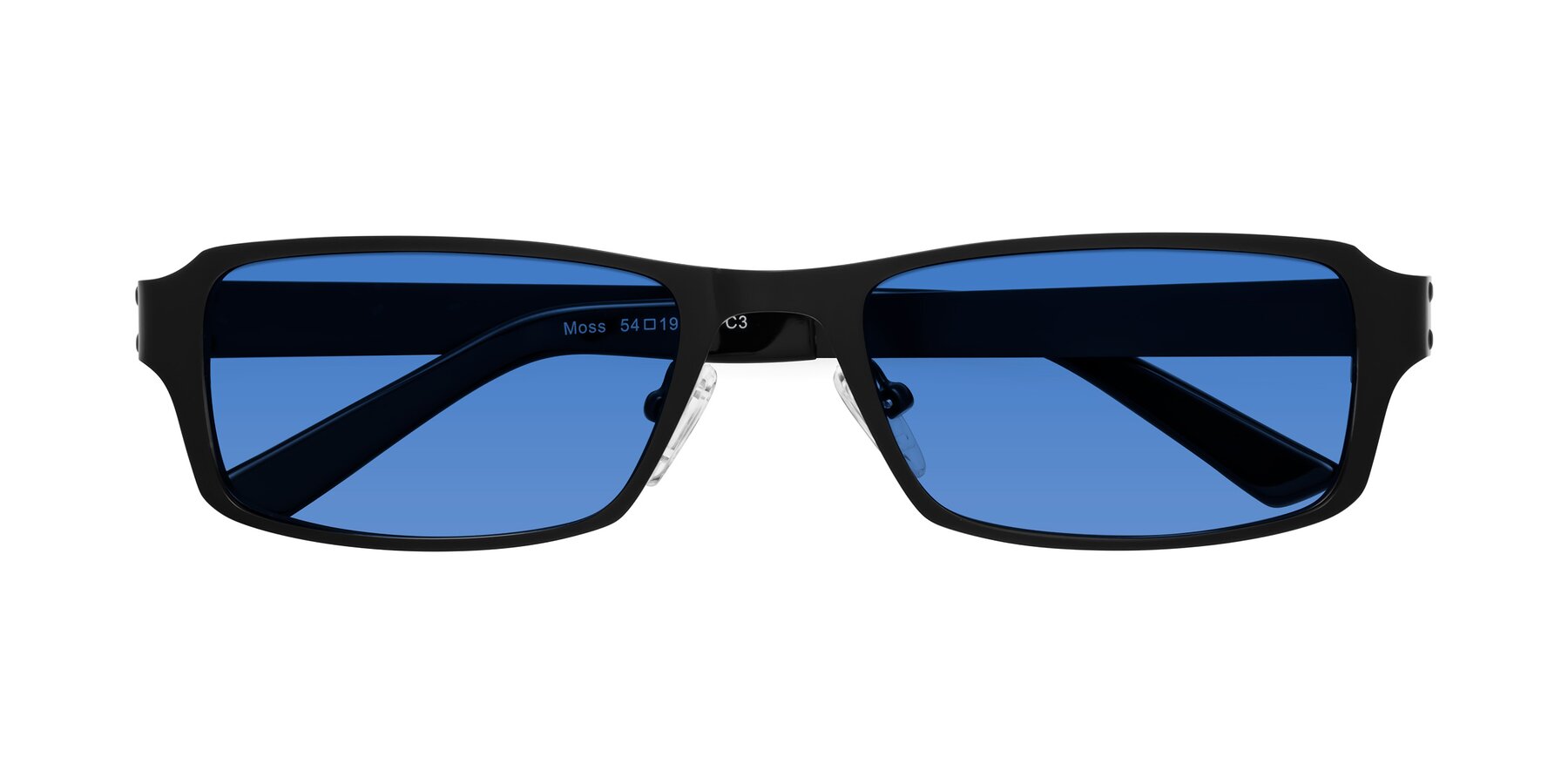 Folded Front of Moss in Matte Black with Blue Tinted Lenses