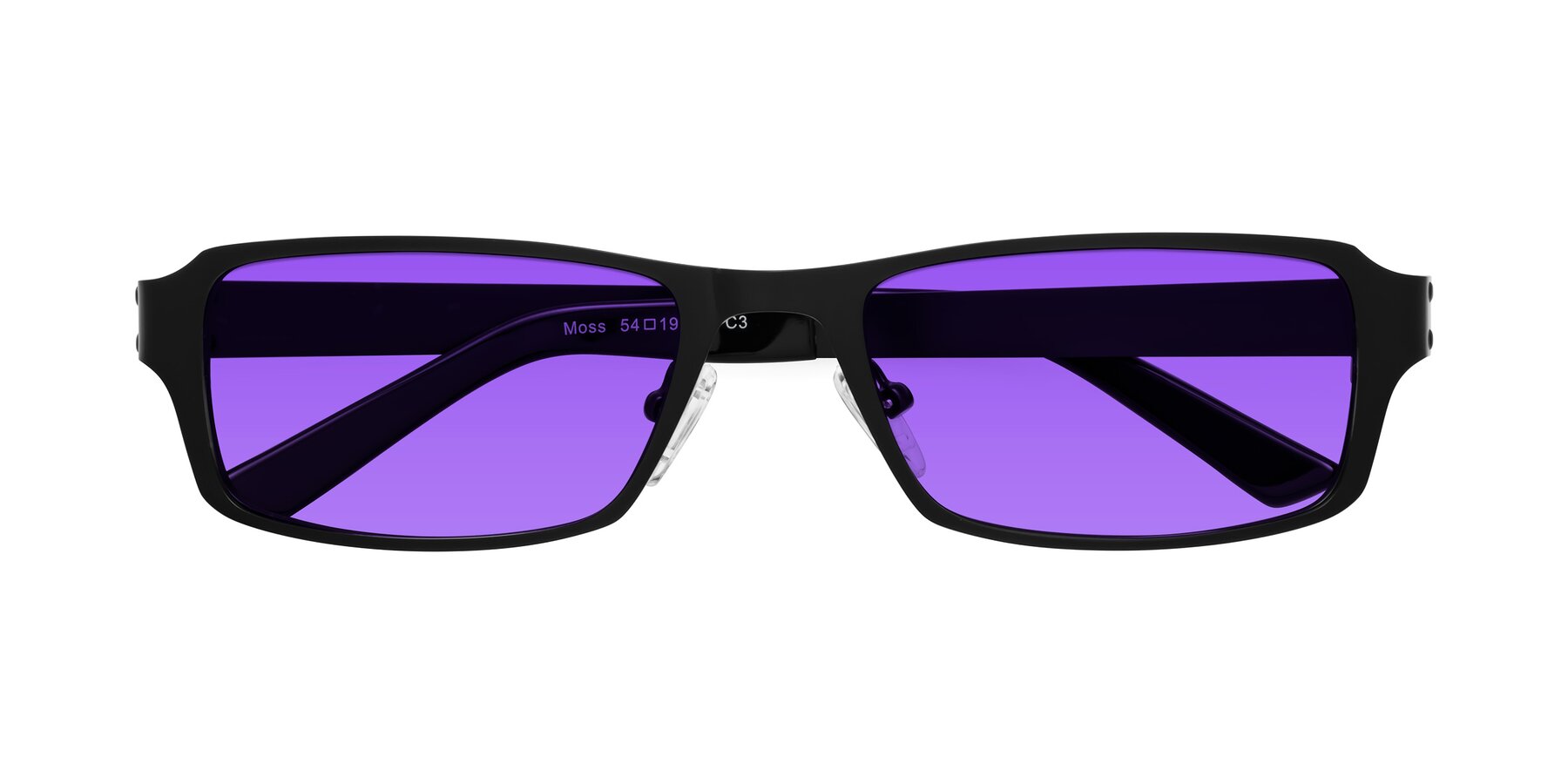 Folded Front of Moss in Matte Black with Purple Tinted Lenses