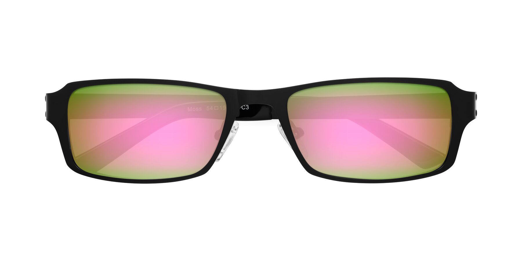 Folded Front of Moss in Matte Black with Pink Mirrored Lenses