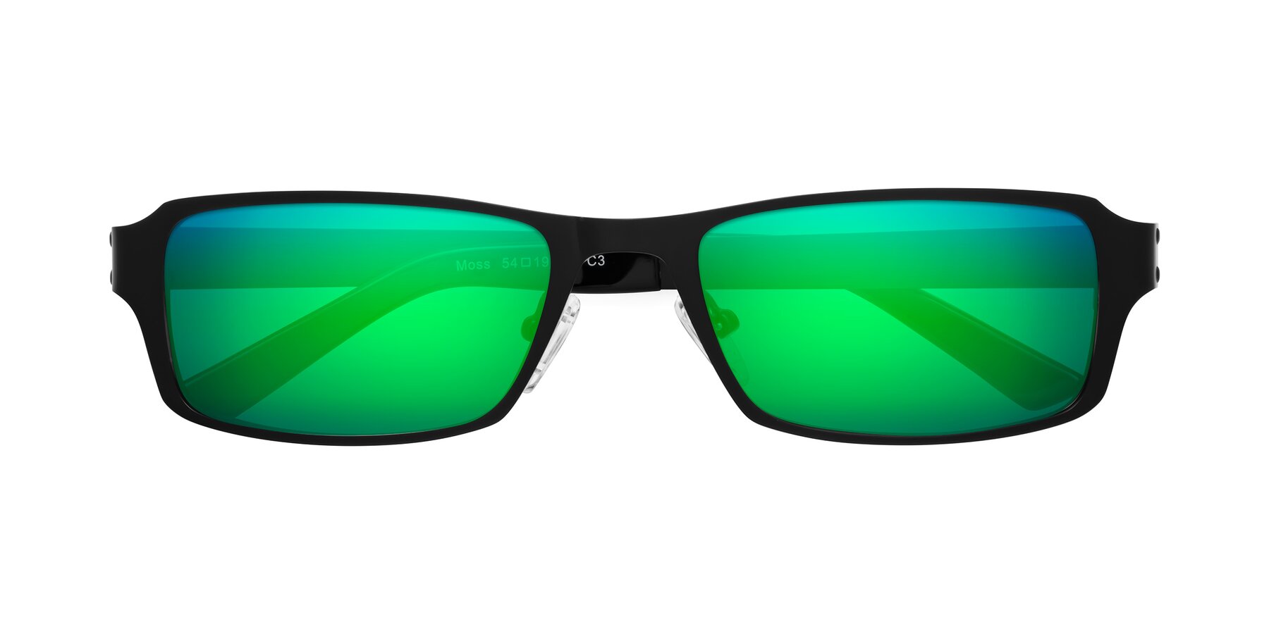 Folded Front of Moss in Matte Black with Green Mirrored Lenses