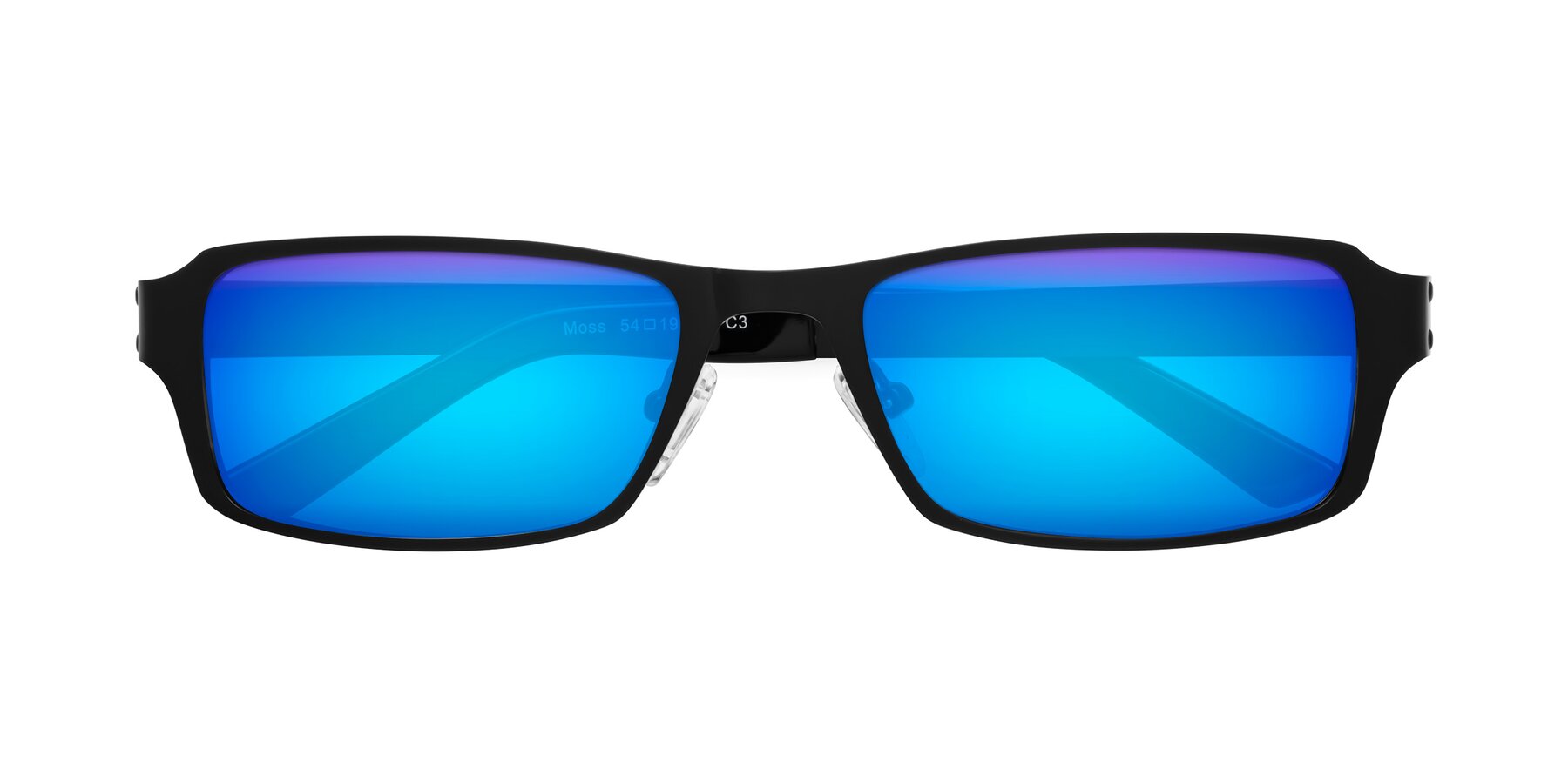 Folded Front of Moss in Matte Black with Blue Mirrored Lenses