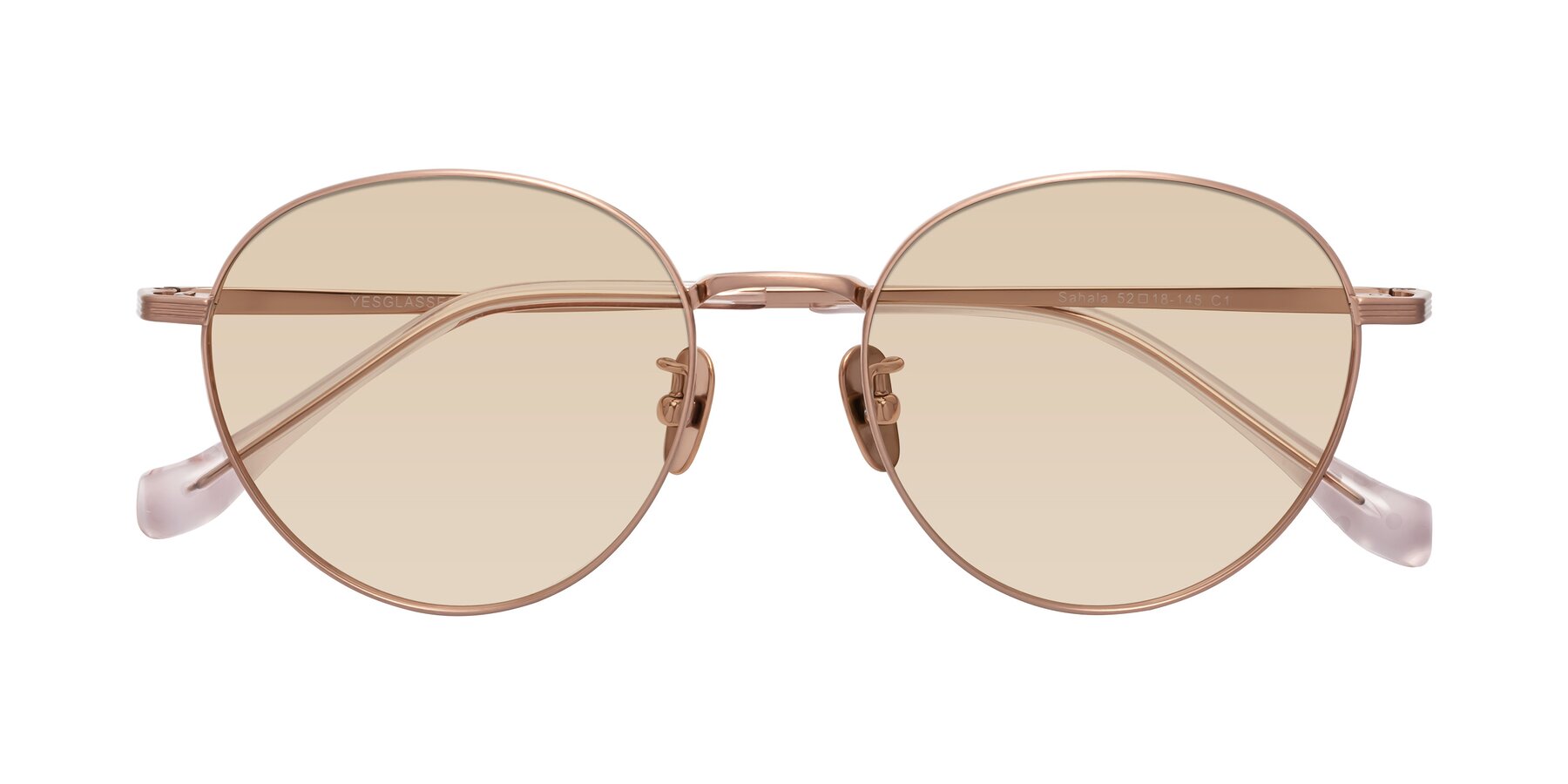 Folded Front of Sahala in Rose Gold with Light Brown Tinted Lenses