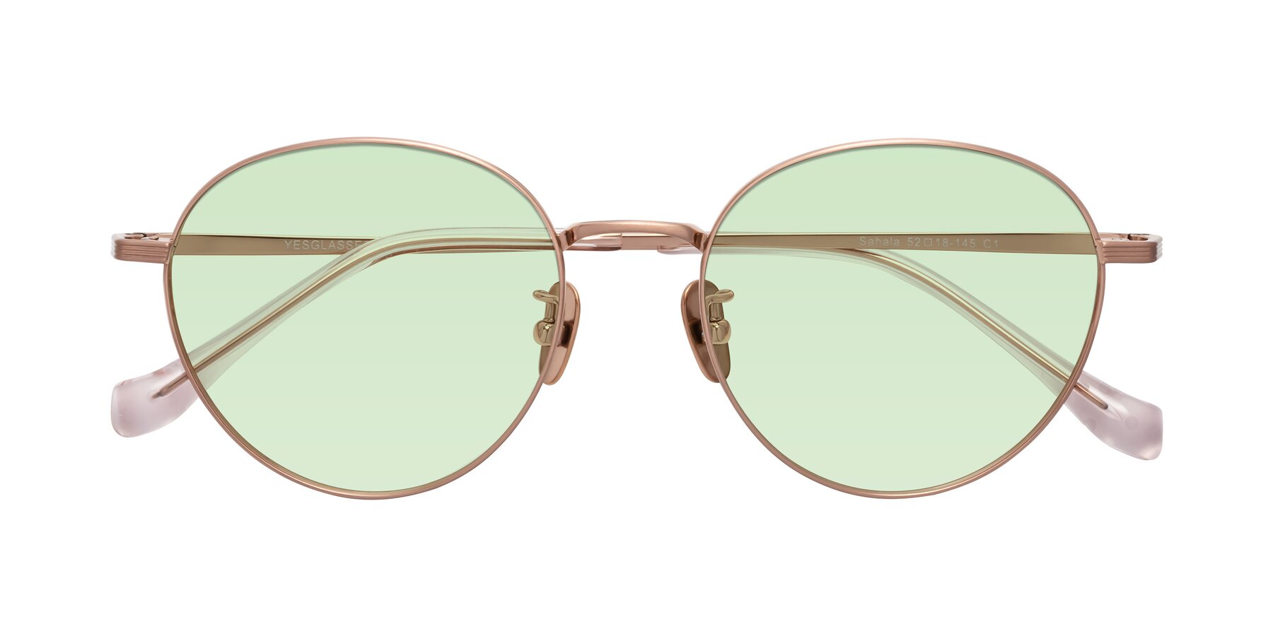 Folded Front of Sahala in Rose Gold with Light Green Tinted Lenses