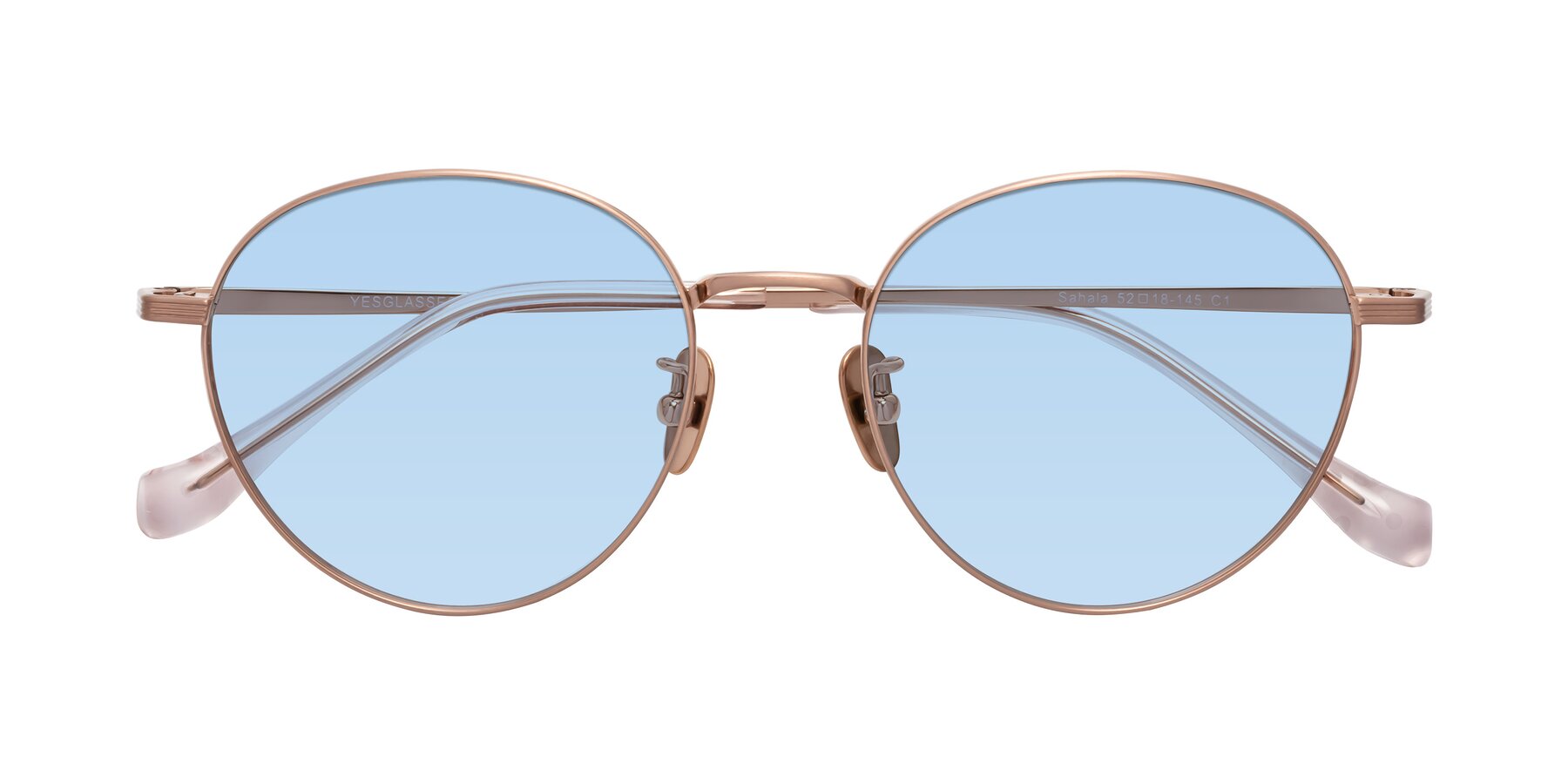 Folded Front of Sahala in Rose Gold with Light Blue Tinted Lenses