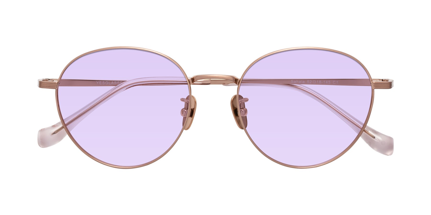 Folded Front of Sahala in Rose Gold with Light Purple Tinted Lenses