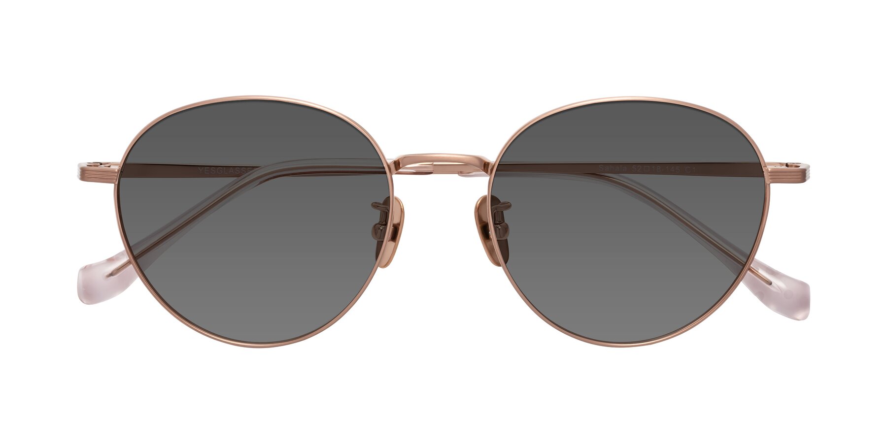 Folded Front of Sahala in Rose Gold with Medium Gray Tinted Lenses