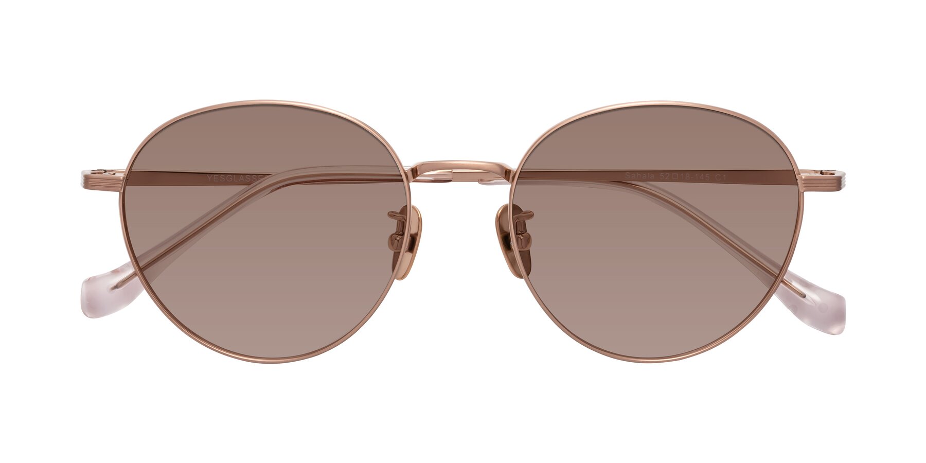 Folded Front of Sahala in Rose Gold with Medium Brown Tinted Lenses