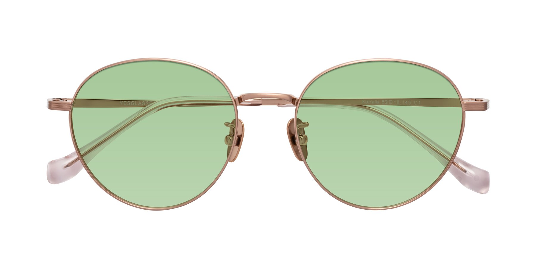 Folded Front of Sahala in Rose Gold with Medium Green Tinted Lenses