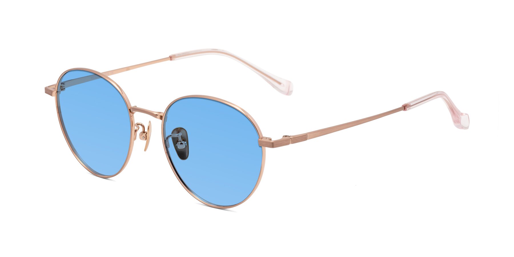 Angle of Sahala in Rose Gold with Medium Blue Tinted Lenses