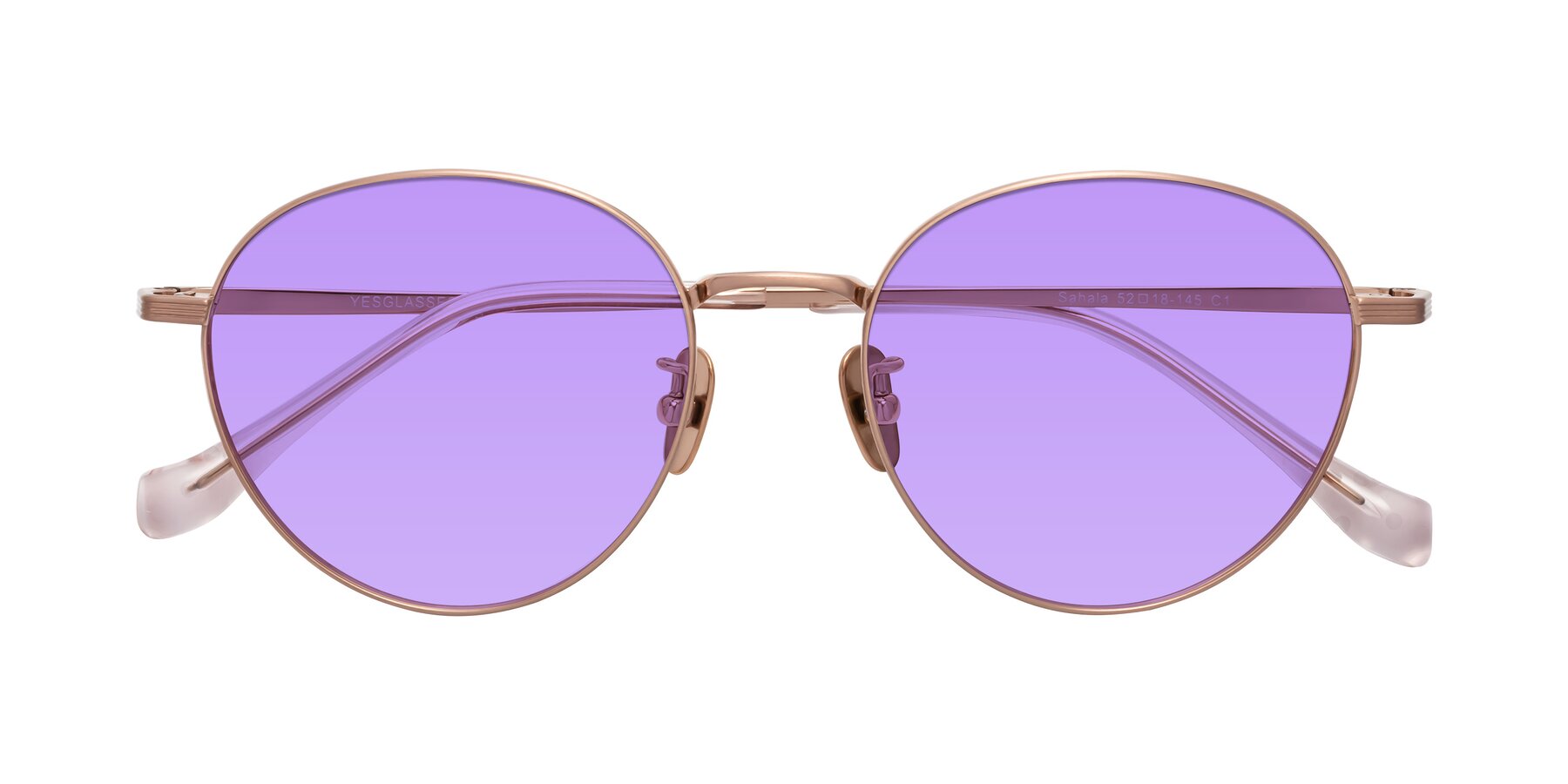 Folded Front of Sahala in Rose Gold with Medium Purple Tinted Lenses