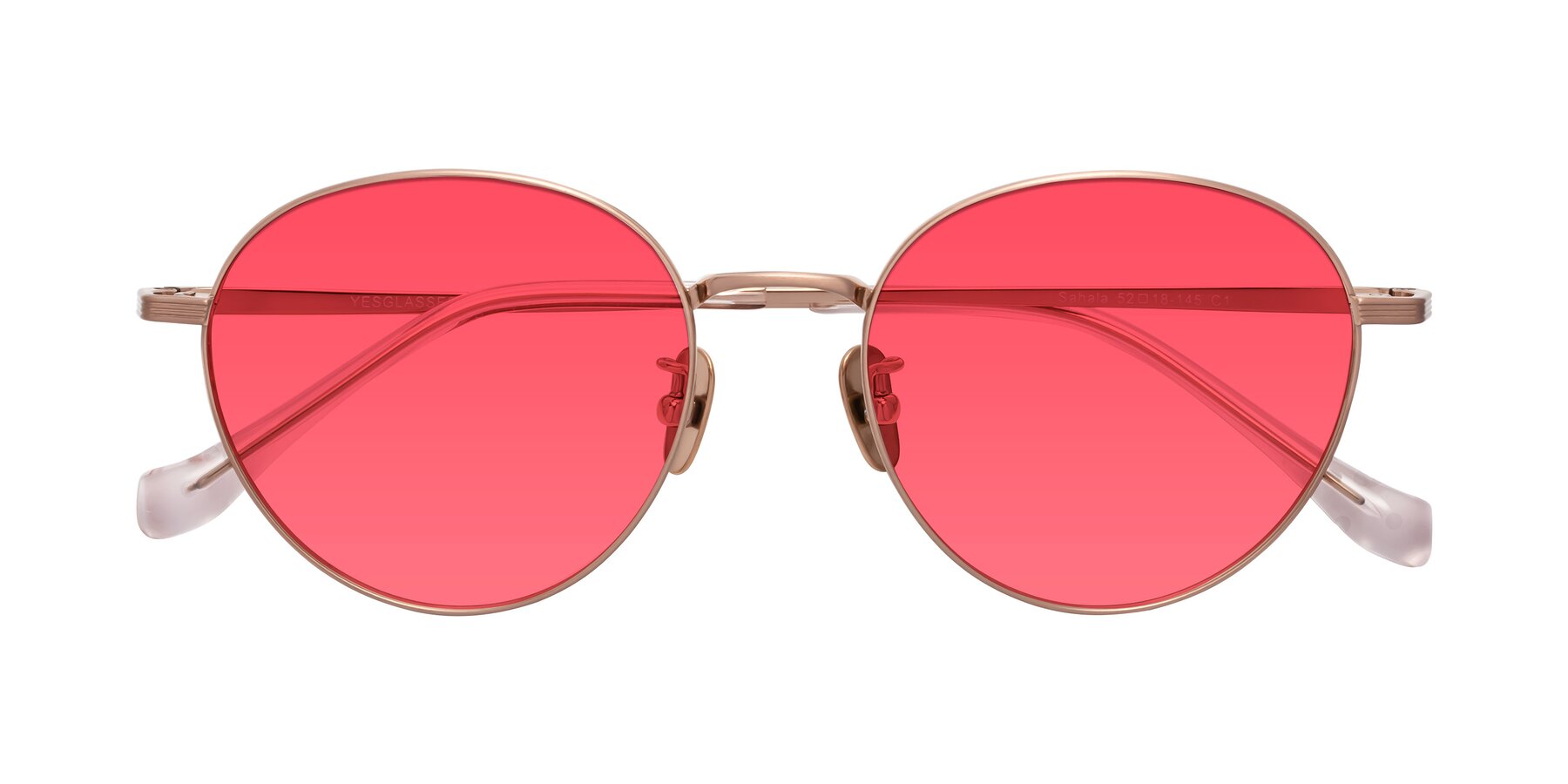 Folded Front of Sahala in Rose Gold with Red Tinted Lenses