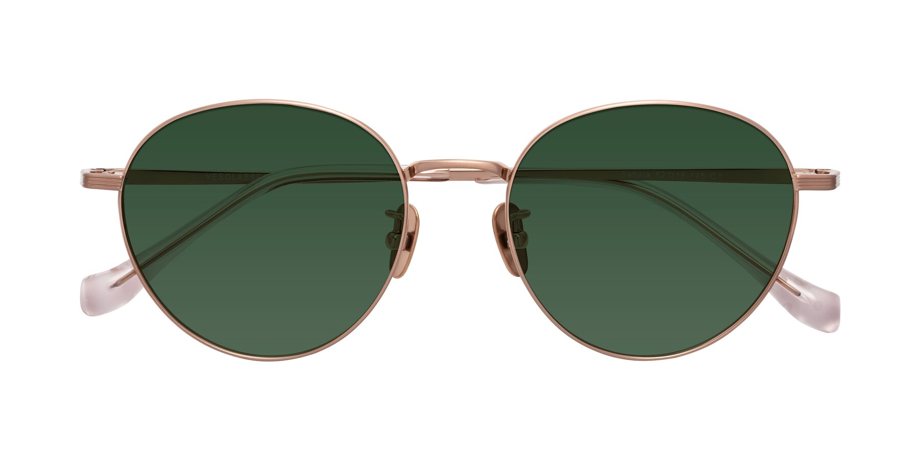 Folded Front of Sahala in Rose Gold with Green Tinted Lenses