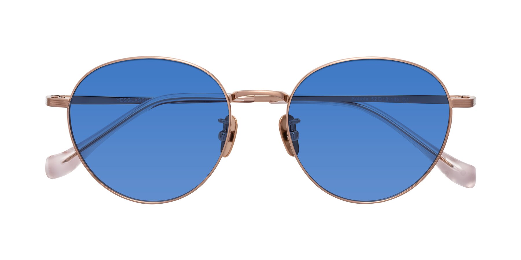 Folded Front of Sahala in Rose Gold with Blue Tinted Lenses