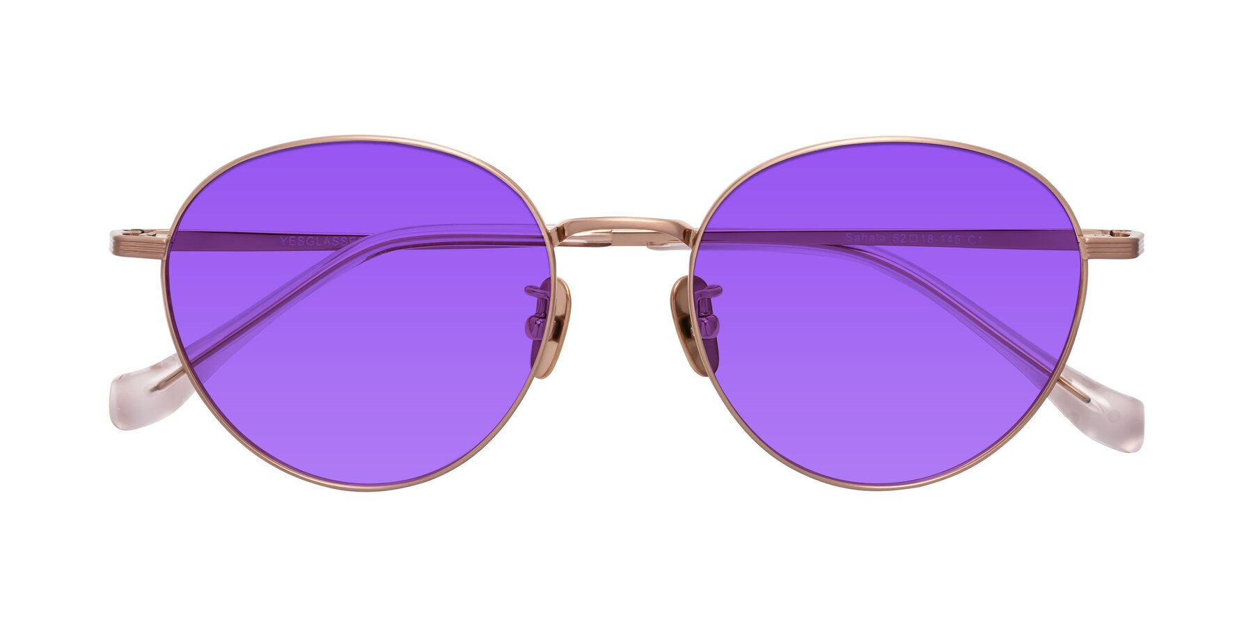 Folded Front of Sahala in Rose Gold with Purple Tinted Lenses