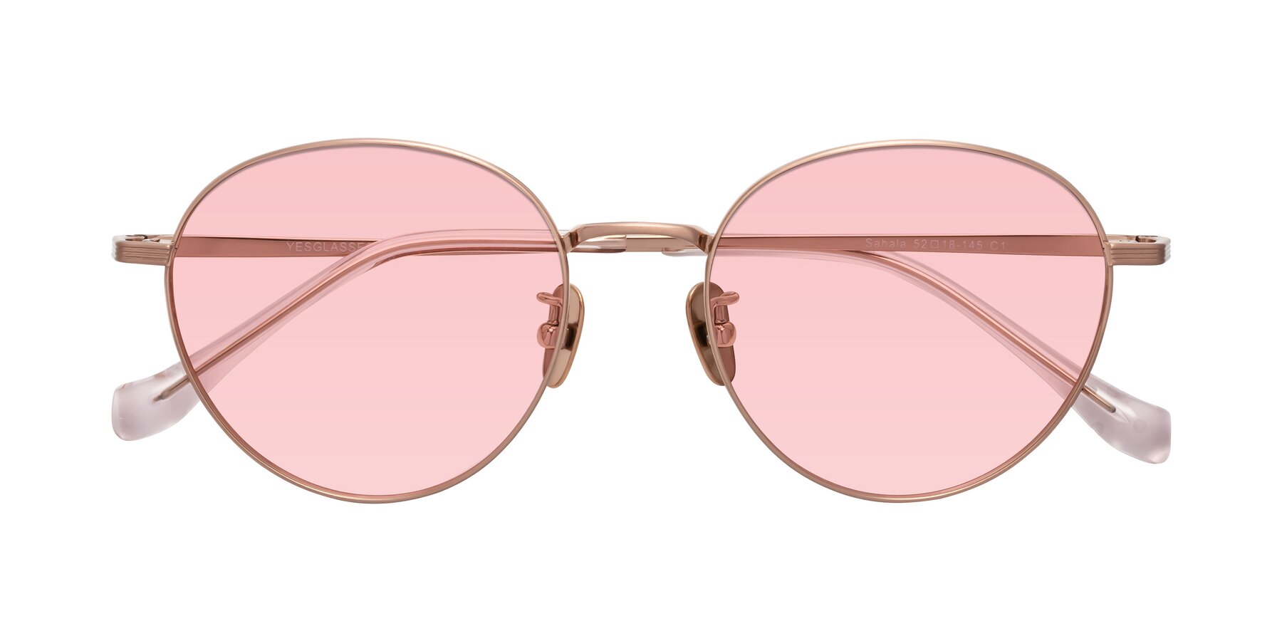 Folded Front of Sahala in Rose Gold with Light Garnet Tinted Lenses