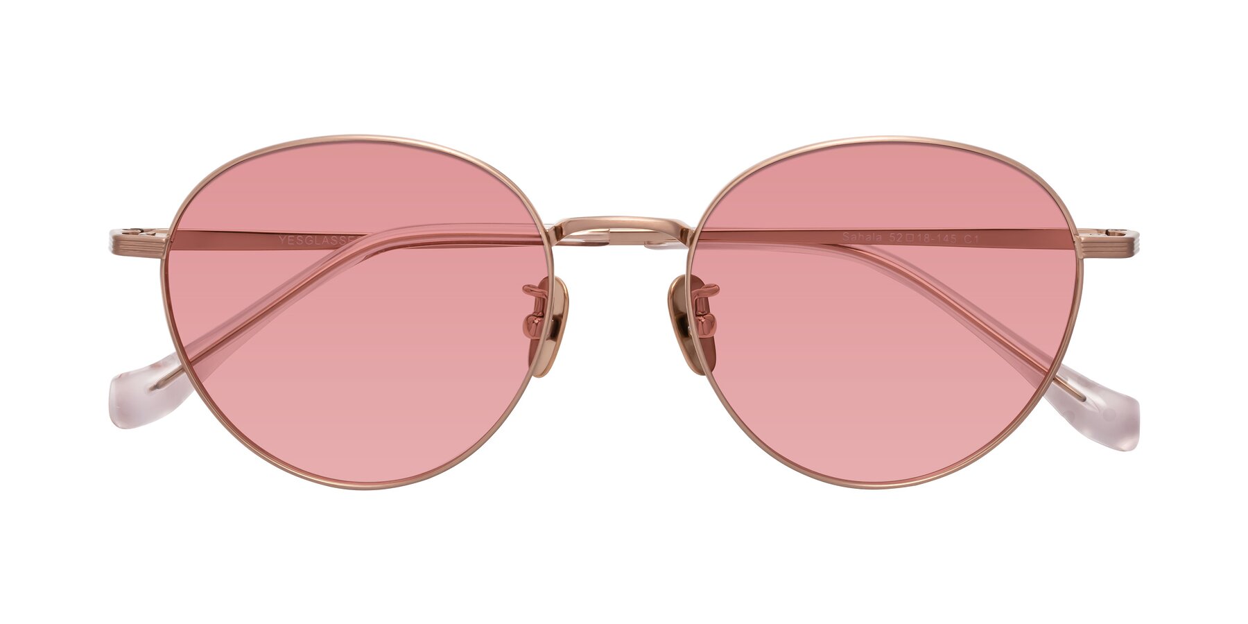 Folded Front of Sahala in Rose Gold with Medium Garnet Tinted Lenses