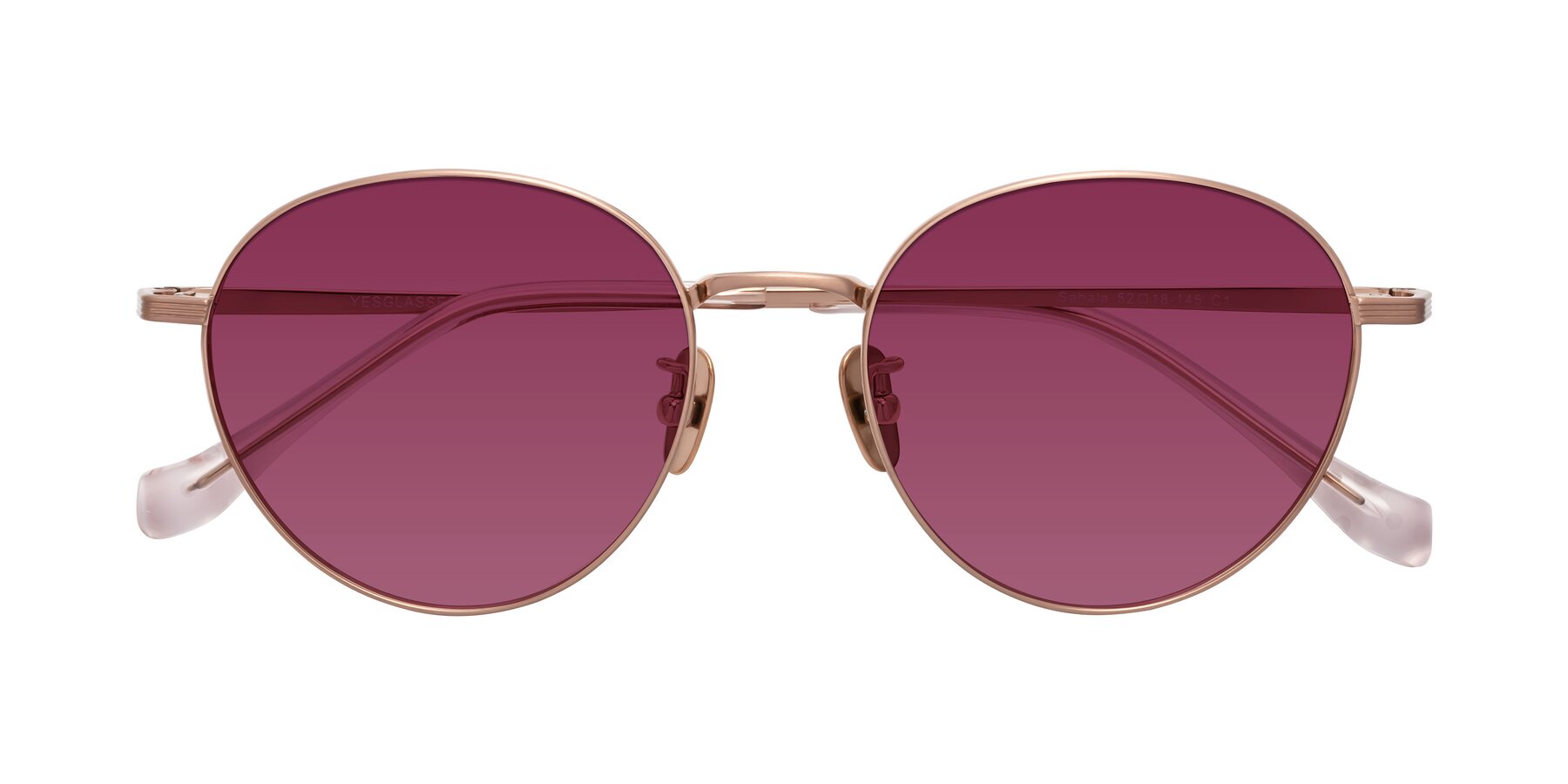 Folded Front of Sahala in Rose Gold with Wine Tinted Lenses