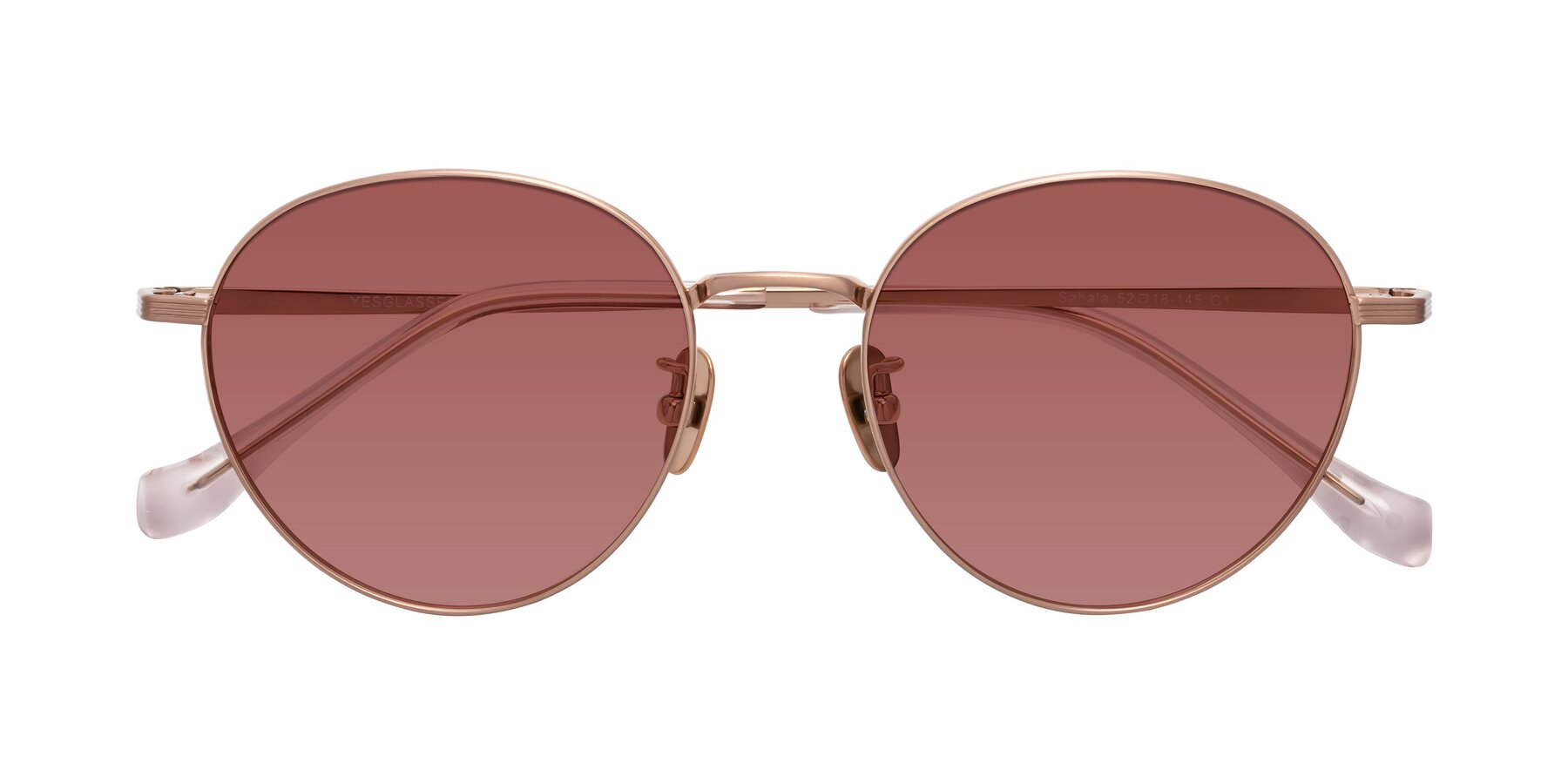 Folded Front of Sahala in Rose Gold with Garnet Tinted Lenses